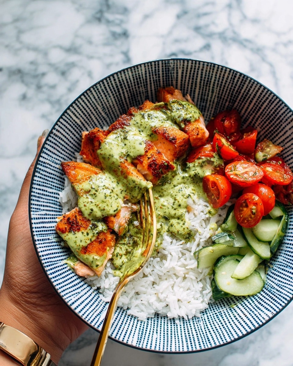A bowl with a blue patterned inside filled mostly with white cooked rice forming the base layer, topped with two pieces of browned salmon covered in a thick, light green creamy sauce with visible herbs, placed centrally. To one side, there is a layer of fresh cherry tomato halves and diced cucumber mixed together, showing bright red and green colors. A gold fork is partially inserted into one piece of salmon, with a woman's hand holding it, capturing a close-up of the food. The bowl sits on a white marbled surface next to a clear glass of water and another small white bowl containing more cherry tomato and cucumber salad. photo taken with an iphone --ar 4:5 --v 7