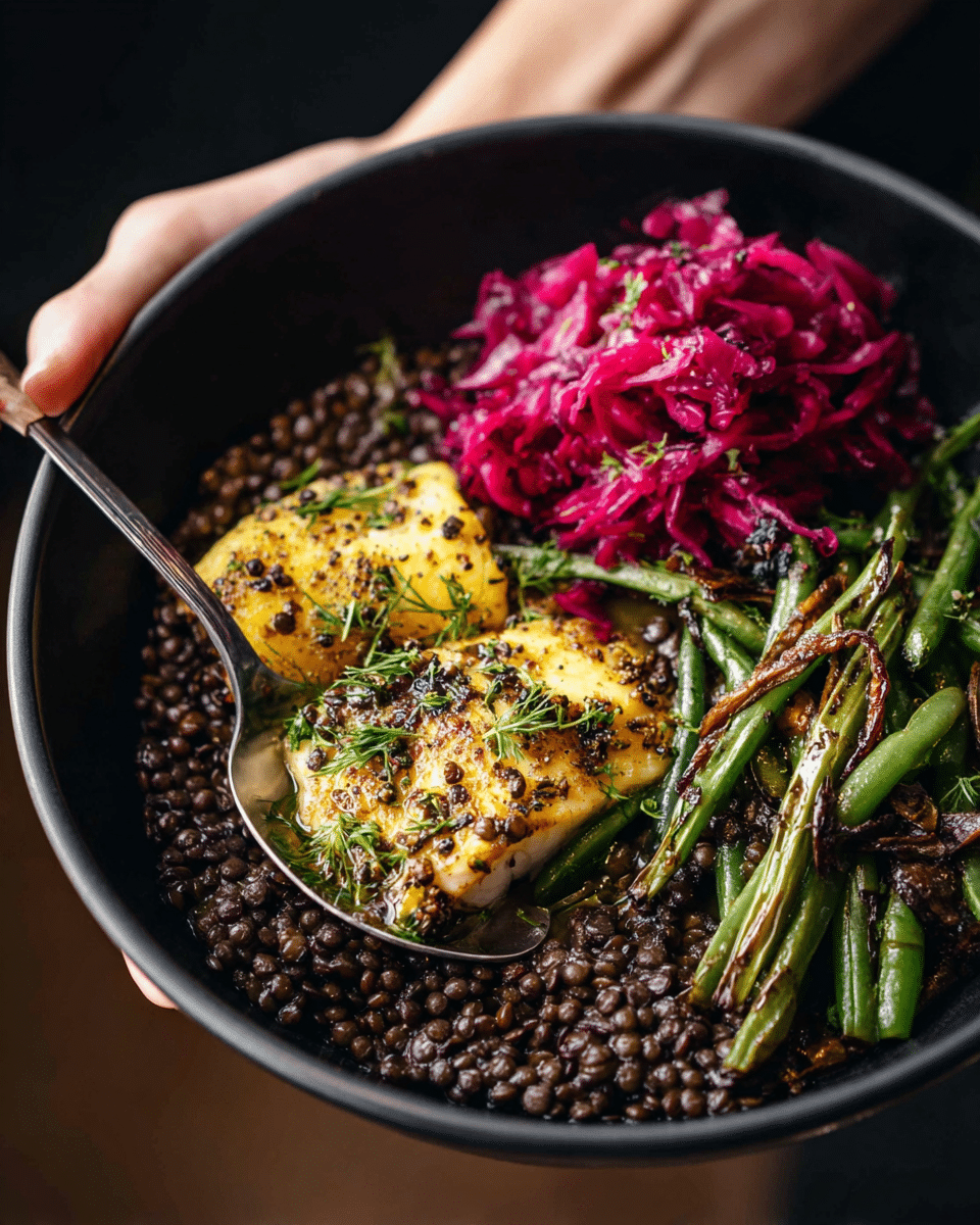 A black bowl filled with a base layer of small, dark lentils covering the whole bottom. On one side, there is a piece of cooked salmon with a light pink color topped with green herb sauce and small herb bits. Next to the salmon, there is a pile of bright red, shredded pickled cabbage. On the opposite side, there are green cooked green beans with a slight shine from oil. A silver fork presses into the salmon near the top of the bowl. The bowl rests on a dark cloth over a white marbled surface. photo taken with an iphone --ar 4:5 --v 7