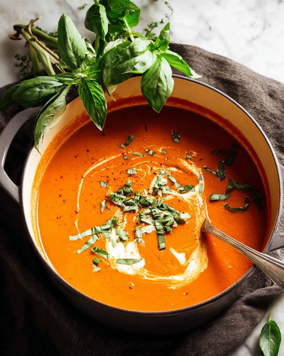 A white pot filled with smooth, bright orange tomato soup with a creamy swirl in the center, topped with fresh chopped green herbs and a few basil leaves scattered on top. A metal spoon is dipped into the soup, resting on the right side of the pot. Fresh green basil leaves hang above the pot, which sits on a dark cloth over a white marbled surface. Photo taken with an iphone --ar 4:5 --v 7