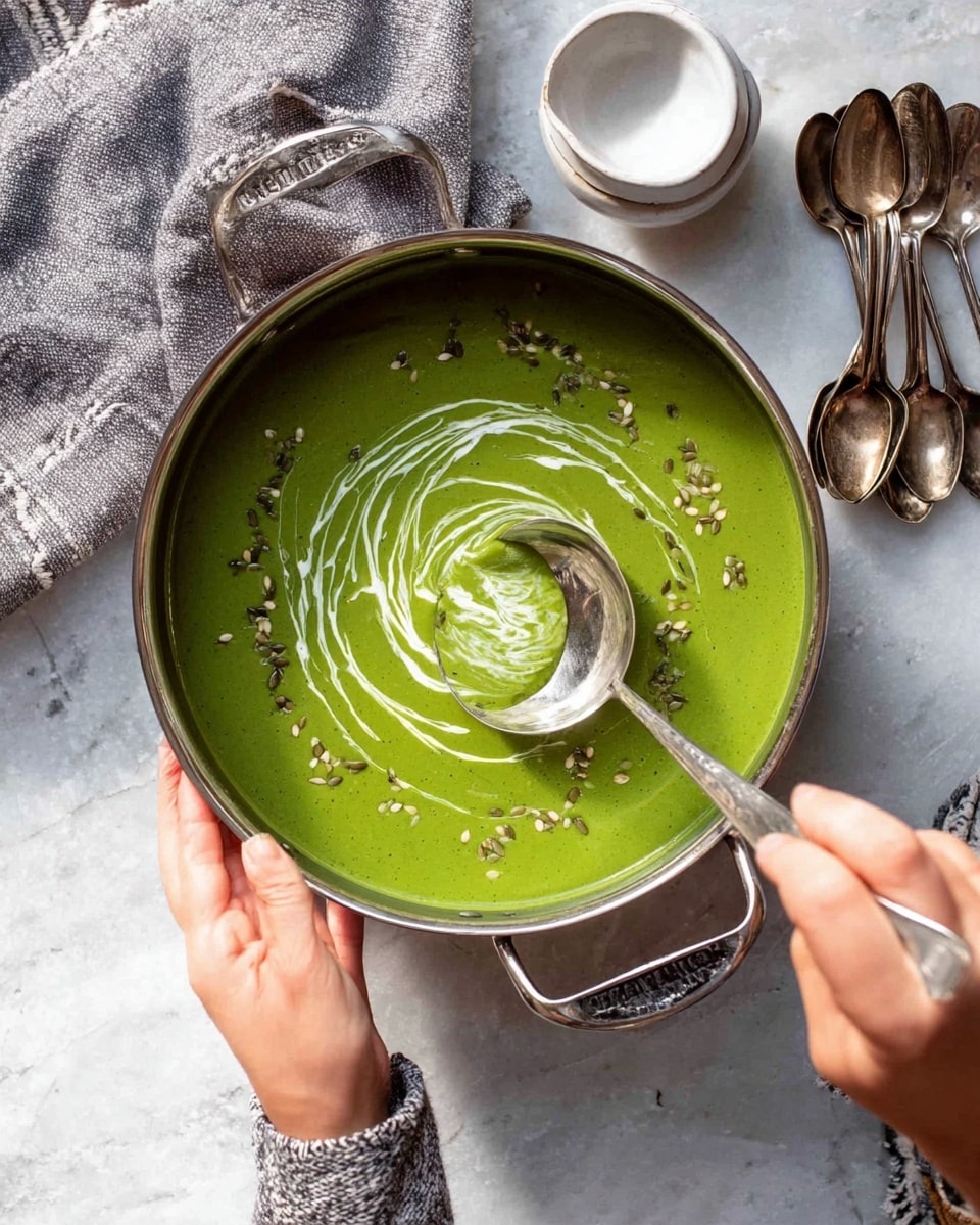 A large silver pot filled with a smooth, bright green soup that has a creamy swirl and some sprinkled seeds on top, held by a woman's hand gripping the handle on the left side while another woman's hand is stirring it with a silver ladle on the right side. The pot is placed on a white marbled texture surface with a folded grey and white cloth in the upper left corner and a small stack of white bowls alongside several old silver spoons scattered on the right side. Photo taken with an iphone --ar 4:5 --v 7