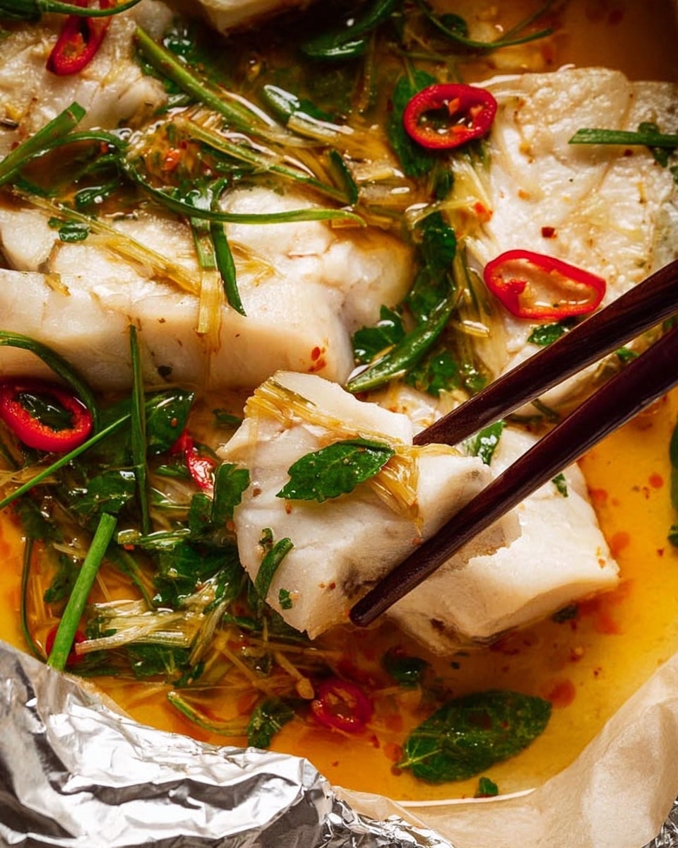 This close-up image shows several pieces of light beige cooked fish floating in a shallow pool of golden orange broth. Thin strips of bright green herbs and light yellow ginger are scattered over the fish, along with small slices of red chili, adding vivid color contrast. Dark brown chopsticks are picking up a piece of fish in the center, while the fish and broth rest on parchment paper lining, with some crinkled shiny silver foil visible at the bottom edge. The texture is moist and fresh, with the broth slightly reflecting light. The background is a white marbled texture. Photo taken with an iphone --ar 4:5 --v 7
