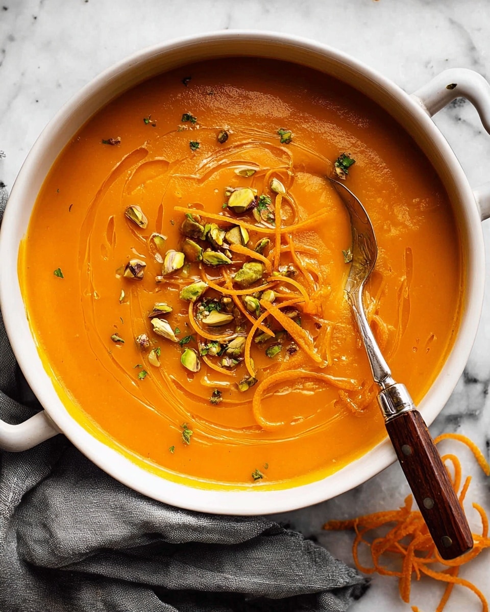 A close-up of a deep bowl filled with thick, creamy orange soup, topped with thin, curly carrot strips that add a bright, soft texture on the surface. The soup is sprinkled with small pieces of chopped green herbs and crushed nuts, giving a fresh and crunchy look in the center. A silver spoon dips into the soup, lifting a smooth, rich spoonful from the middle of the bowl. The bowl rests on a soft brown cloth against a white marbled surface. photo taken with an iphone --ar 4:5 --v 7