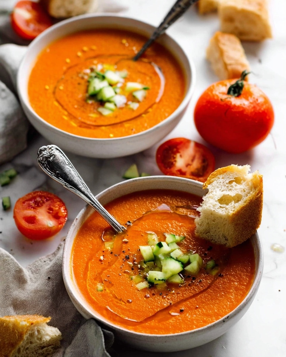 A black bowl filled with creamy orange tomato soup, thick in texture with small green herb pieces scattered on top. A woman's hand holds a torn piece of crusty bread, partially dipped in the soup, showing the bread's soft white inside and rough brown crust. In the blurred white marbled background, bright red tomato slices add a fresh, colorful touch. The overall feel is warm and inviting, with smooth soup and chunky garnishes. photo taken with an iphone --ar 4:5 --v 7