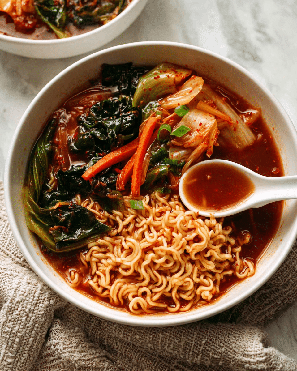 A white bowl filled with three main layers: at the bottom, curly light brown noodles, piled thickly; on top, a dark red-brown broth covering part of the noodles, rich and glossy; and scattered throughout, bright orange carrot sticks, dark green leafy vegetables, and pieces of light brown kimchi with red seasoning, adding texture and color contrast. A white ceramic spoon filled with broth rests inside the bowl. The bowl sits on a white marbled surface with a textured beige cloth beside it. Photo taken with an iphone --ar 4:5 --v 7
