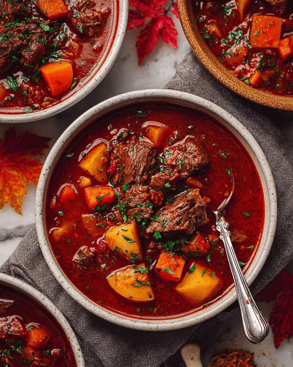 A white bowl filled with rich, dark red beef stew shows several layers and textures: chunks of tender brown beef sit on top, surrounded by diced orange carrots and golden potatoes, all immersed in thick, glossy red broth. Finely chopped green herbs are sprinkled evenly over the stew, adding contrast. A silver spoon rests inside the bowl on the right side, partially submerged. The bowl sits on a soft gray cloth with scattered red and orange autumn leaves nearby on a white marbled surface. Additional similar bowls filled with the stew can be seen partially around the main bowl. Photo taken with an iphone --ar 4:5 --v 7