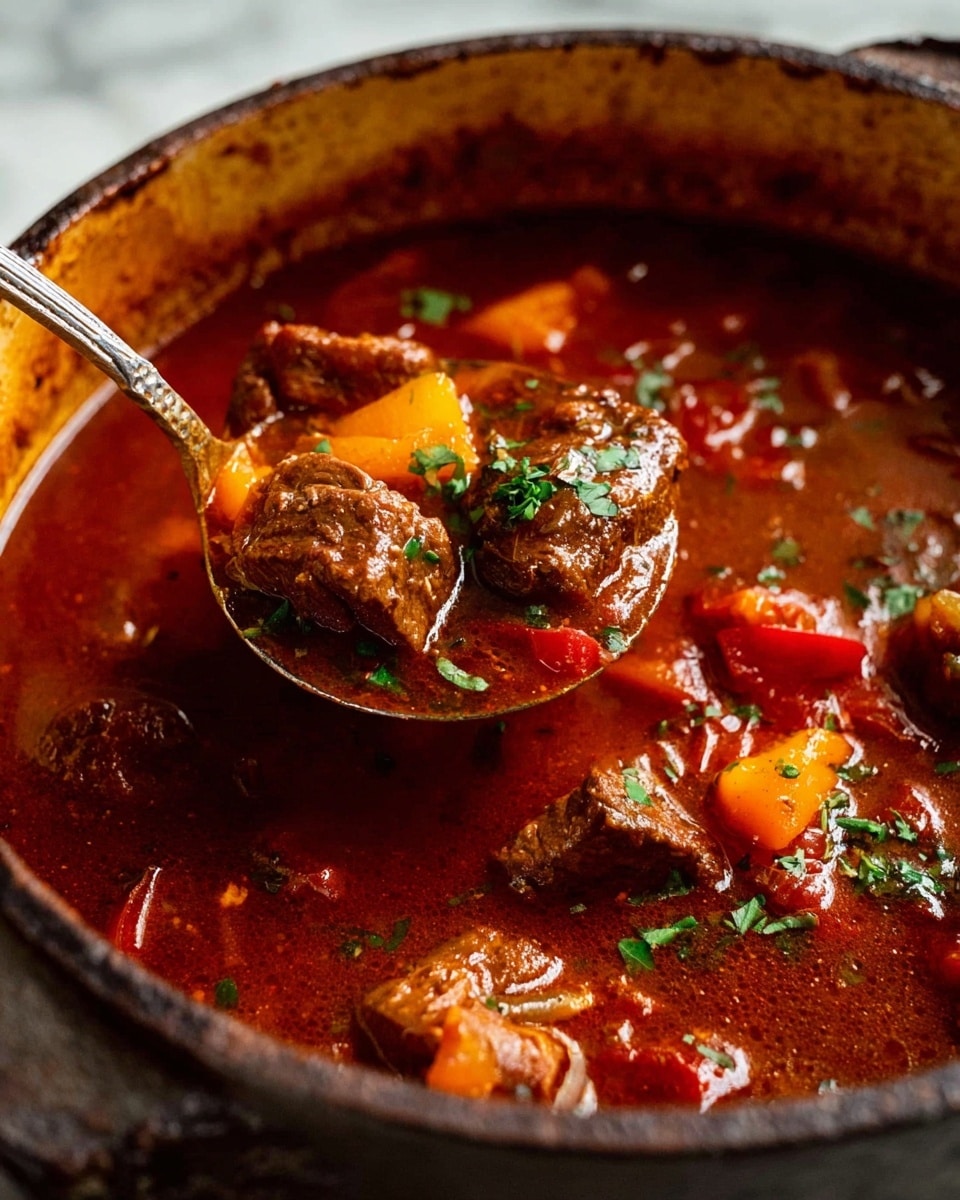 A close-up of a deep pot filled with thick, rich stew that has a deep reddish-brown color. The stew shows chunks of tender brown beef, orange pieces of carrot, and bits of red bell pepper, all floating in a glossy, hearty sauce. A ladle scoops up a portion, highlighting the mix of ingredients and steam rising, with some finely chopped green herbs sprinkled on top for a touch of freshness. The pot’s edge is slightly worn and rustic, sitting on a white marbled surface. photo taken with an iphone --ar 4:5 --v 7