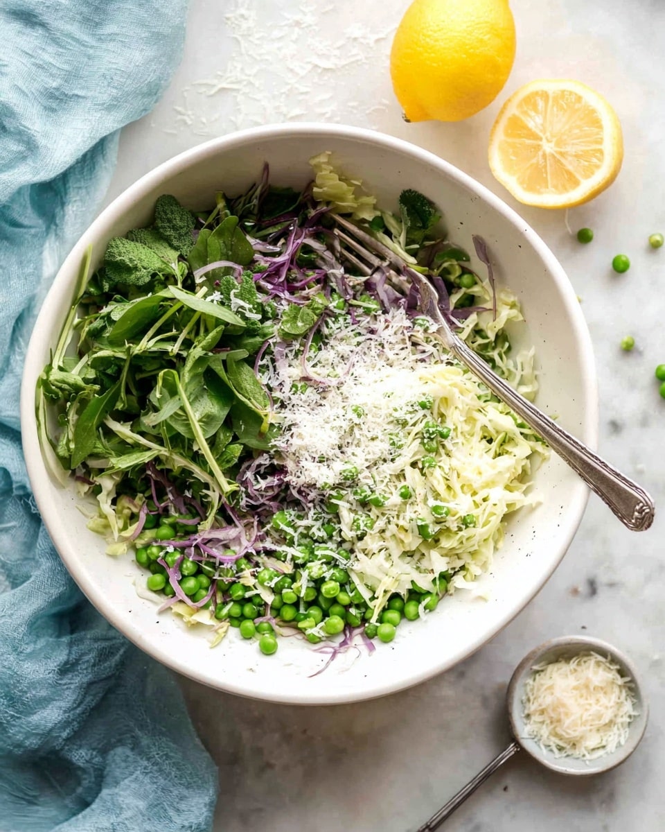 A white bowl filled with a layered salad sits on a white marbled surface. The bottom layer is a mix of finely shredded pale green cabbage and bright green peas scattered across. Thin slices of purple onion threads lie partly mixed among the vegetables. On top, there are fresh, dark green leafy herbs arranged loosely, with a light sprinkle of grated white cheese covering parts of the salad. A silver spoon and fork rest inside the bowl. Around the bowl, there are two halves of a bright yellow lemon and a small spoon with additional grated white cheese. A soft light blue cloth is draped in the background. Photo taken with an iphone --ar 4:5 --v 7
