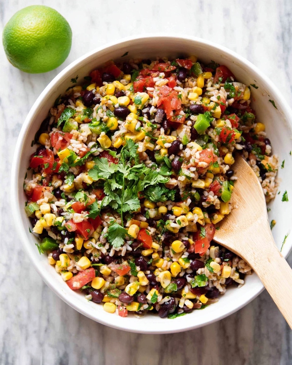 A white bowl filled with a colorful mix of small, separate layers including yellow corn kernels, black beans, red diced tomatoes, green bell peppers, finely chopped green cilantro leaves, and small white grains of rice or barley. A wooden spoon with a pale handle rests inside the bowl, partially buried in the mixture. To the upper left of the bowl, there is a half green lime placed on a white marbled surface background. photo taken with an iphone --ar 4:5 --v 7