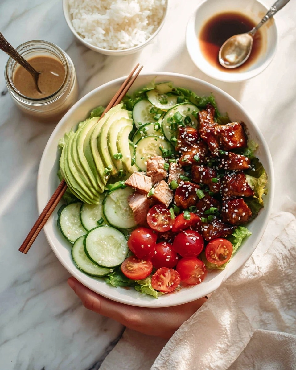 The dish shows a white bowl filled with five different layers. The bottom layer is fresh green lettuce leaves spread around the bowl. On top of the lettuce, there is a layer of bright green sliced avocado arranged neatly at the front. Next to the avocado, there are vibrant red cherry tomato halves. Behind the tomatoes, there is a layer of chopped green cucumber pieces. Finally, on one side of the bowl, there are dark brown cooked meat cubes sprinkled with white sesame seeds and chopped green onions. The bowl sits on a white marbled surface with chopsticks resting on the edge and a glass container in the blurred background. Photo taken with an iphone --ar 4:5 --v 7