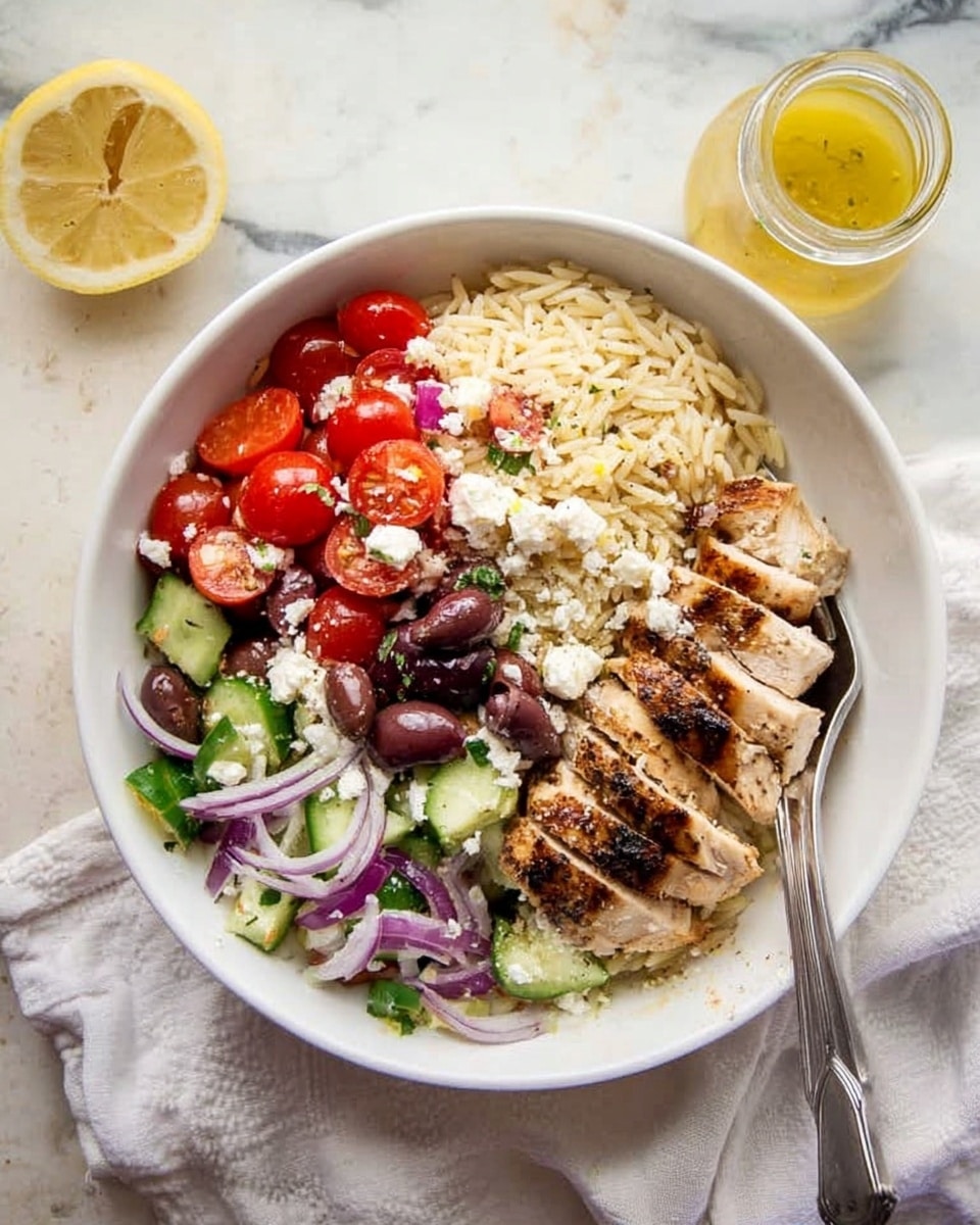 A white bowl shows a colorful dish with several layers arranged neatly. At the bottom is a bed of light beige orzo rice with a soft, small grain look at the right side. Next to it on the right top side are three slices of grilled chicken breast, slightly browned with grill marks and a firm texture. On the left side, there is a mix of bright red halved cherry tomatoes, small chunks of white feta cheese, thin purple onion slices, green cucumber pieces with a fresh look, and several dark purple olives with a shiny surface. A metal fork lies on the edge of the bowl to the right. The bowl is placed on a white marbled surface with a piece of white cloth and a glass jar next to it containing light yellow salad dressing, and a lemon wedge rests nearby. Photo taken with an iphone --ar 4:5 --v 7