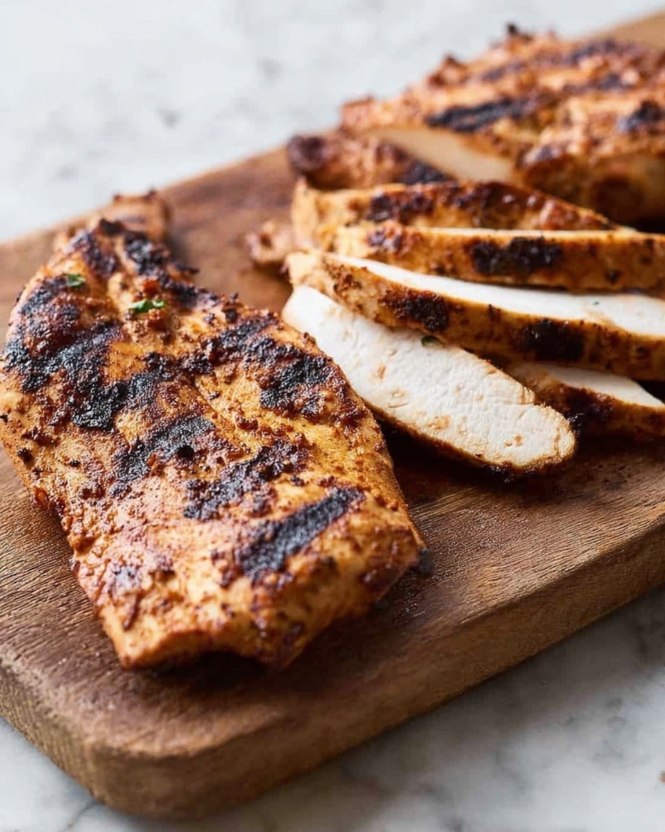 The image shows several pieces of grilled chicken placed on a wooden cutting board. The chicken has a browned, lightly charred outer layer with dark grill marks and a slightly crispy texture on top, while the inside is white and juicy. The larger piece lies flat on the board, and next to it are a few thinner slices arranged in a slight overlapping manner, showing the tender inside. The cutting board sits on a white marbled surface. photo taken with an iphone --ar 4:5 --v 7