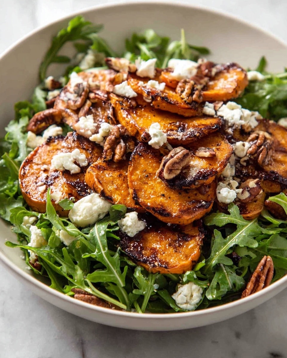 The image shows a white bowl filled with a salad. The bottom layer is fresh green arugula leaves, bright and leafy. On top of that, there is a thick layer of grilled, golden-brown sweet potato slices, slightly charred around the edges, giving a crispy texture. Scattered over the sweet potatoes are small crumbles of white cheese, soft and slightly crumbly. Mixed among the cheese and sweet potatoes are whole pecans, adding a crunchy texture with their natural brown color. The overall dish looks fresh and colorful with a mix of green, brown, and white tones, placed on a white marbled surface. Photo taken with an iphone --ar 4:5 --v 7