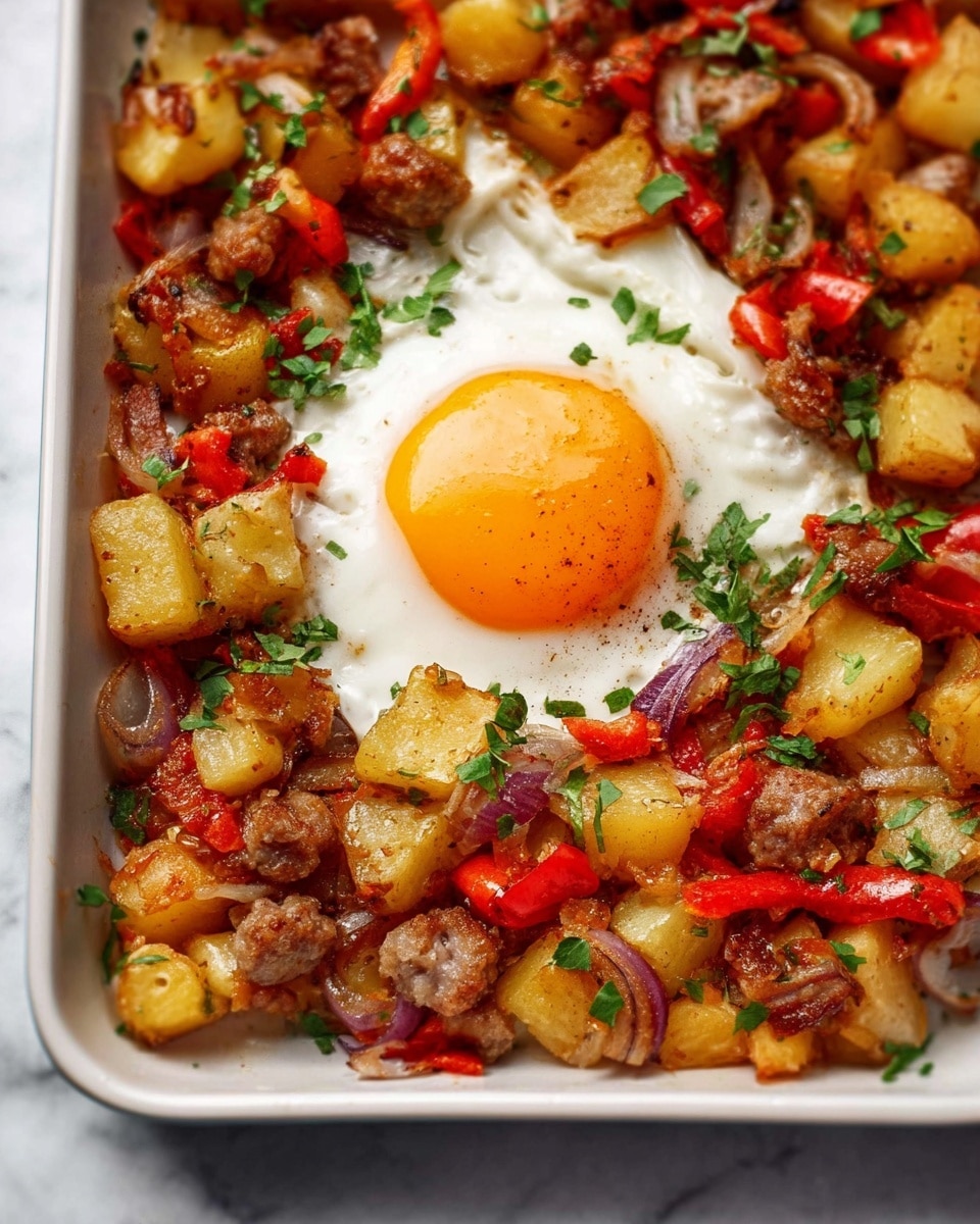 A single fried egg with a bright orange yolk and a white cooked egg white is centered in a white rectangular baking dish. Surrounding the egg are diced golden-brown potatoes mixed with browned sausage pieces, red bell pepper chunks, and sliced red onions, all cooked and slightly crispy. Fresh green herbs are sprinkled lightly over the egg and the surrounding mix, adding small pops of color. The dish sits on a white marbled surface. photo taken with an iphone --ar 4:5 --v 7