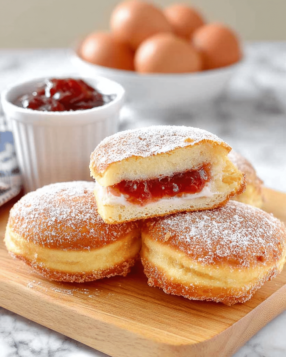 The image shows three round, golden-brown fried treats dusted with powdered sugar, arranged on a light wooden board placed on a white marbled surface. One of the treats is cut in half and stacked on top of another, revealing three inner layers: a soft, light yellow outer layer, a creamy white middle layer, and a glossy red jam center. Behind the treats, there is a small white cup filled with extra red jam. In the background, a white bowl filled with brown eggs is slightly blurred. photo taken with an iphone --ar 4:5 --v 7