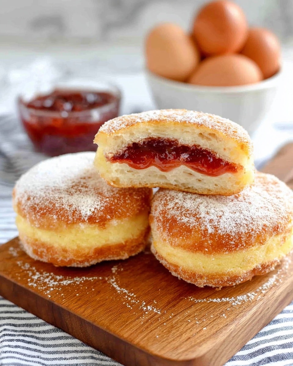 The image shows three round, golden-brown fried pieces stacked on a wooden board, with the top one cut in half revealing layers inside: a thick, soft, light yellow dough outer layer dusted with powdered sugar, and a glossy red jam layer in the middle, giving a sweet and rich look. Behind the stack, there is a small white bowl filled with more red jam, and in the blurred background, a white bowl holds brown eggs. The whole setup is on a white marbled surface with a striped cloth underneath. photo taken with an iphone --ar 4:5 --v 7