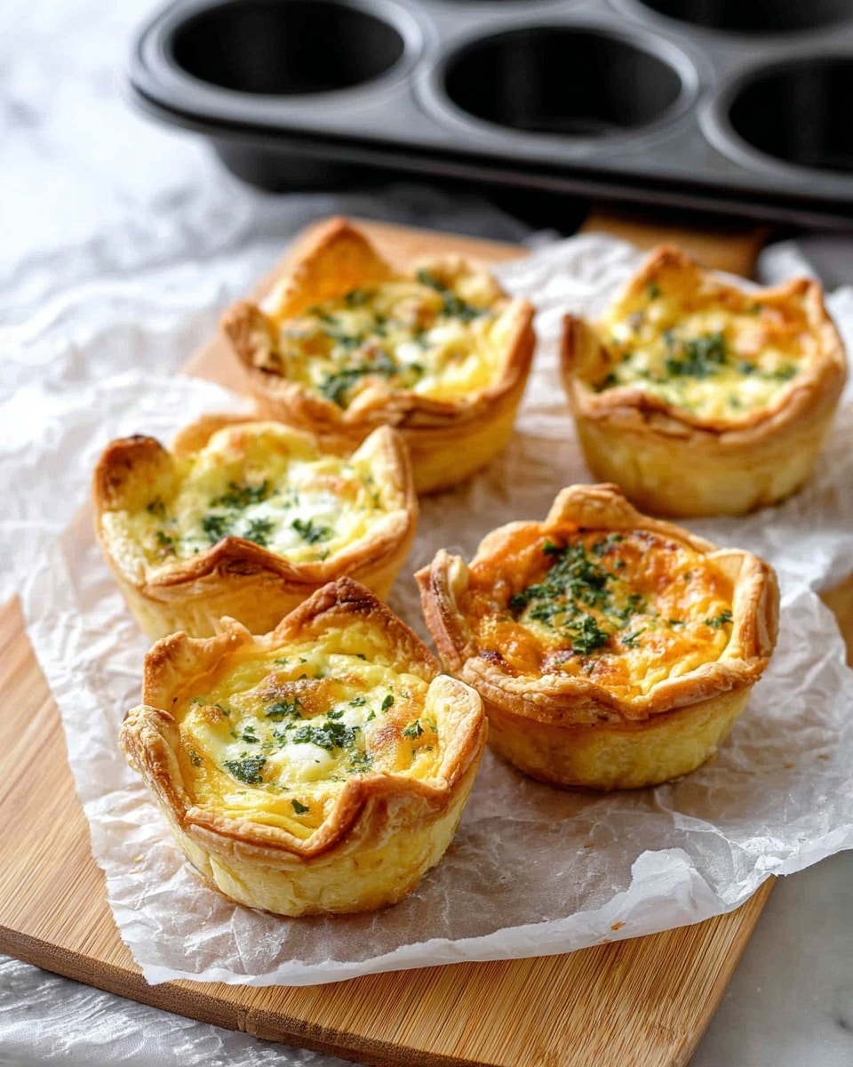 Six small quiches sit on a piece of white parchment paper on a light wooden board. Each quiche has a golden brown crust that is thick and slightly uneven around the edges. The filling is creamy yellow with bits of green herbs sprinkled on top, adding some texture and color. The tops of the quiches look soft and slightly glossy, showing a baked egg mixture. In the background, there is a black muffin pan and white marbled surface underneath. photo taken with an iphone --ar 4:5 --v 7