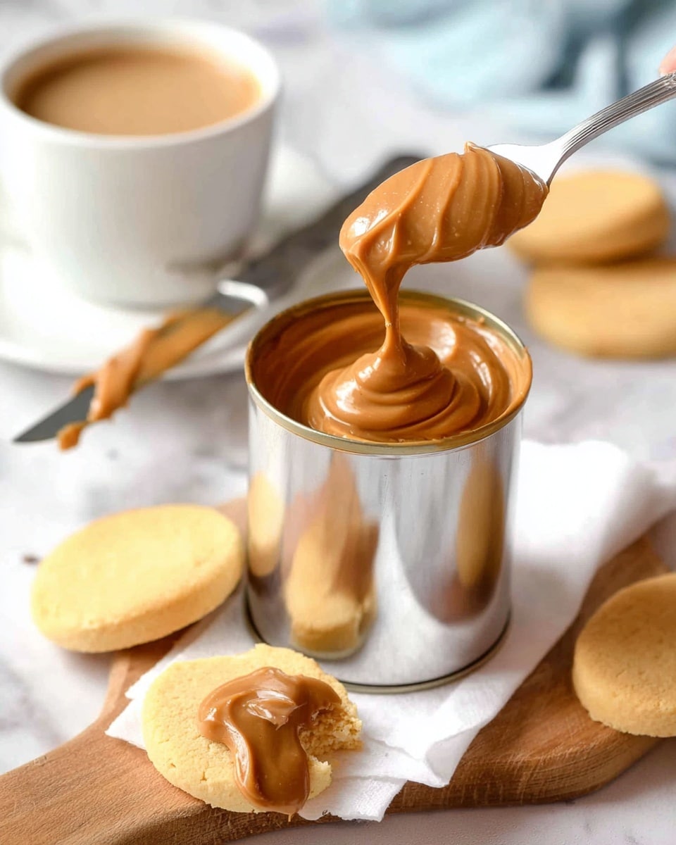 The image shows a shiny silver open can filled with smooth, creamy caramel spread, with a silver spoon lifting a thick swirl from the can. The can sits on a white napkin, which is on a wooden board placed on a white marbled surface. Around the can are soft, round pale yellow cookies, one of which has caramel spread on top with a small bite taken out. In the background, a white cup filled with light brown coffee sits on a matching white saucer. A knife with caramel spread rests on the marbled surface near the board. Photo taken with an iphone --ar 4:5 --v 7