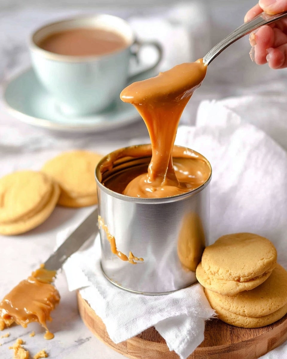 The image shows a close-up of a shiny metal can filled with thick, golden caramel being lifted by a spoon held by a woman's hand, creating a smooth, stretchy flow. This can is placed on a white cloth atop a wooden board. Around the can, there are pale yellow cookies, one partially spread with caramel and bitten, lying near a butter knife smeared with caramel. In the blurry background, a white cup and saucer with light brown tea rest on a white marbled surface. photo taken with an iphone --ar 4:5 --v 7