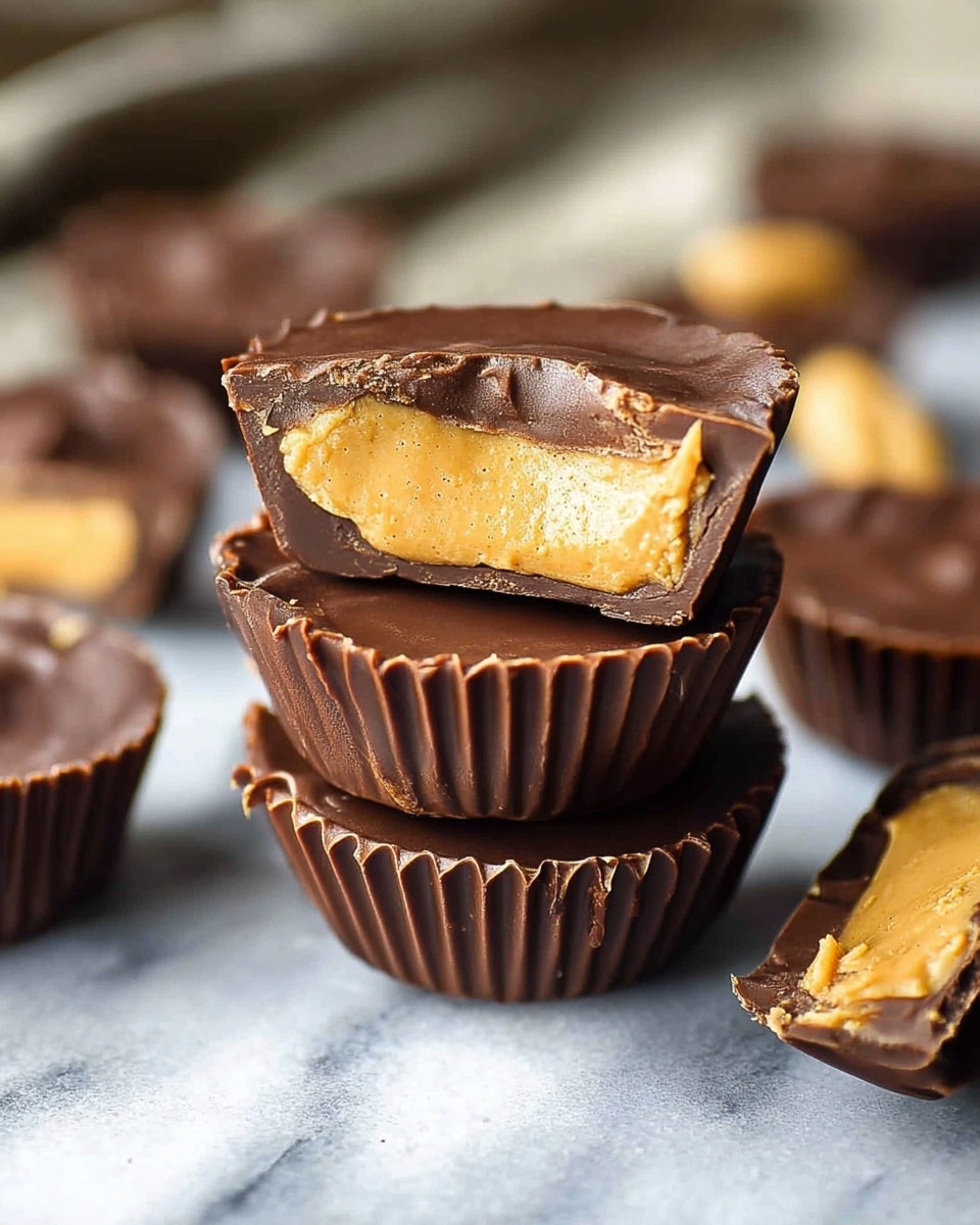 The image shows a stack of three chocolate peanut butter cups on a white marbled surface, with the top cup cut in half revealing a thick, creamy light brown peanut butter filling inside a smooth, glossy dark brown chocolate shell. Around the stack, several other whole and halved peanut butter cups are scattered, displaying the contrast between the rich chocolate exterior and the soft filling inside. The background is softly blurred, focusing attention on the texture and layers of the peanut butter cups. Photo taken with an iphone --ar 4:5 --v 7