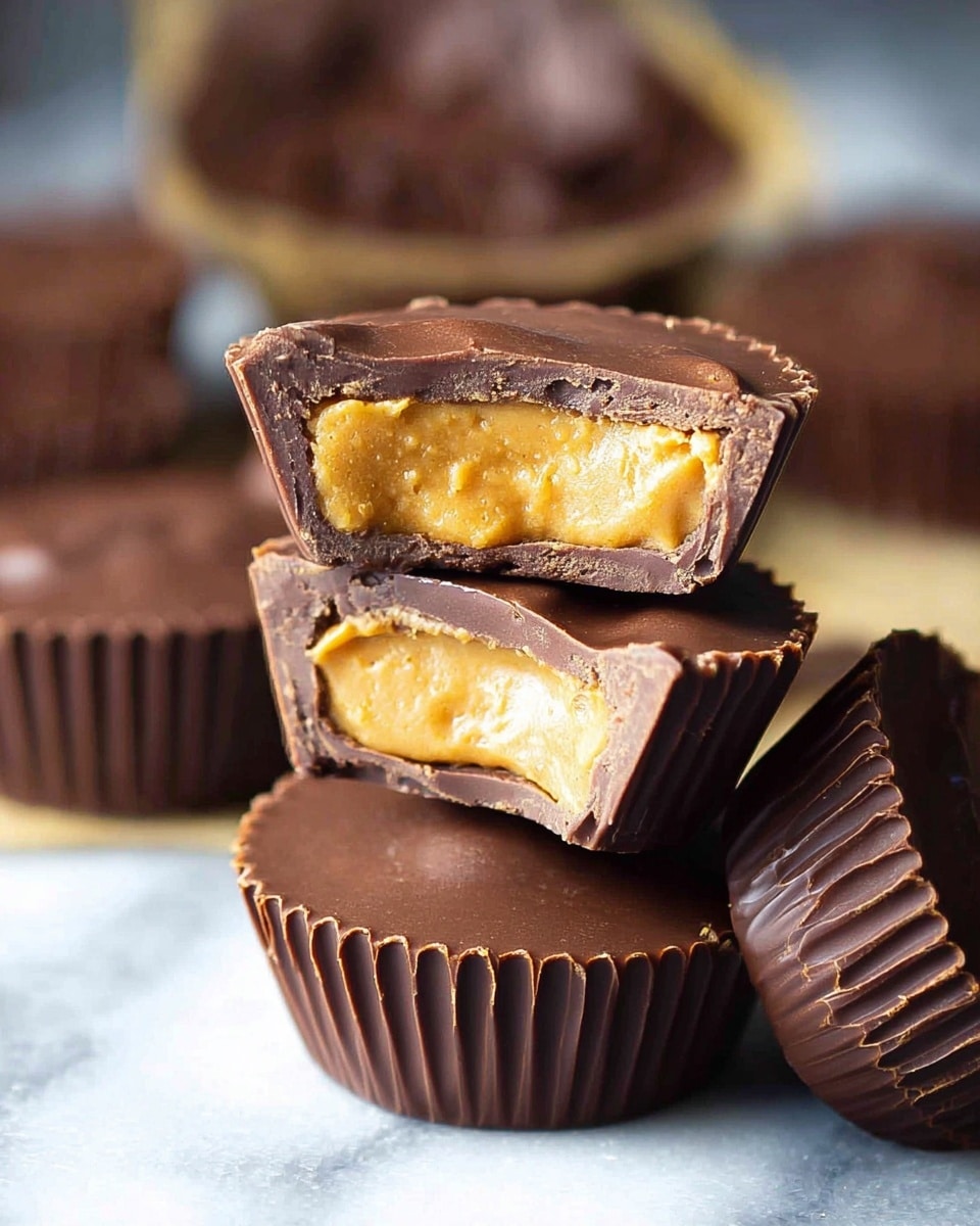 A close-up of three stacked chocolate peanut butter cups on a white marbled surface, each cup wrapped in a dark ridged paper cup. The top cup is cut in half, revealing a thick, golden, creamy peanut butter layer inside, surrounded by a smooth milk chocolate shell. More whole peanut butter cups and one half cup sit blurred in the background. The light highlights the smoothness of the chocolate and the soft texture of the peanut butter center. photo taken with an iphone --ar 4:5 --v 7