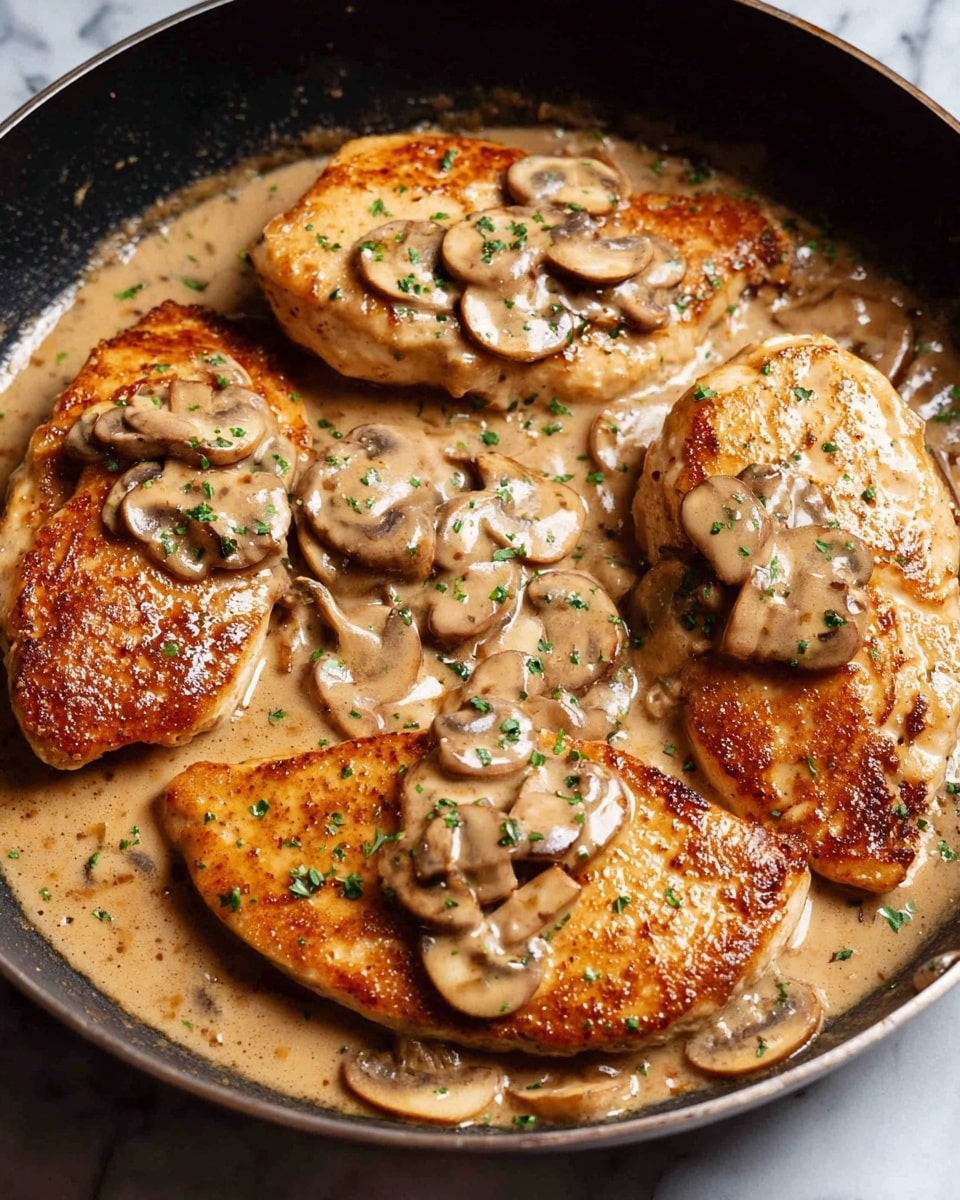 The image shows four golden brown chicken breasts cooking in a black pan, each piece topped with a creamy beige mushroom sauce that has sliced mushrooms and small green herb sprinkles on top. The chicken has a slightly crispy texture with a shiny coating from the sauce. The sauce is thick and spread evenly over the chicken and around the pan, creating a rich, smooth look. The background is a white marbled texture. photo taken with an iphone --ar 4:5 --v 7