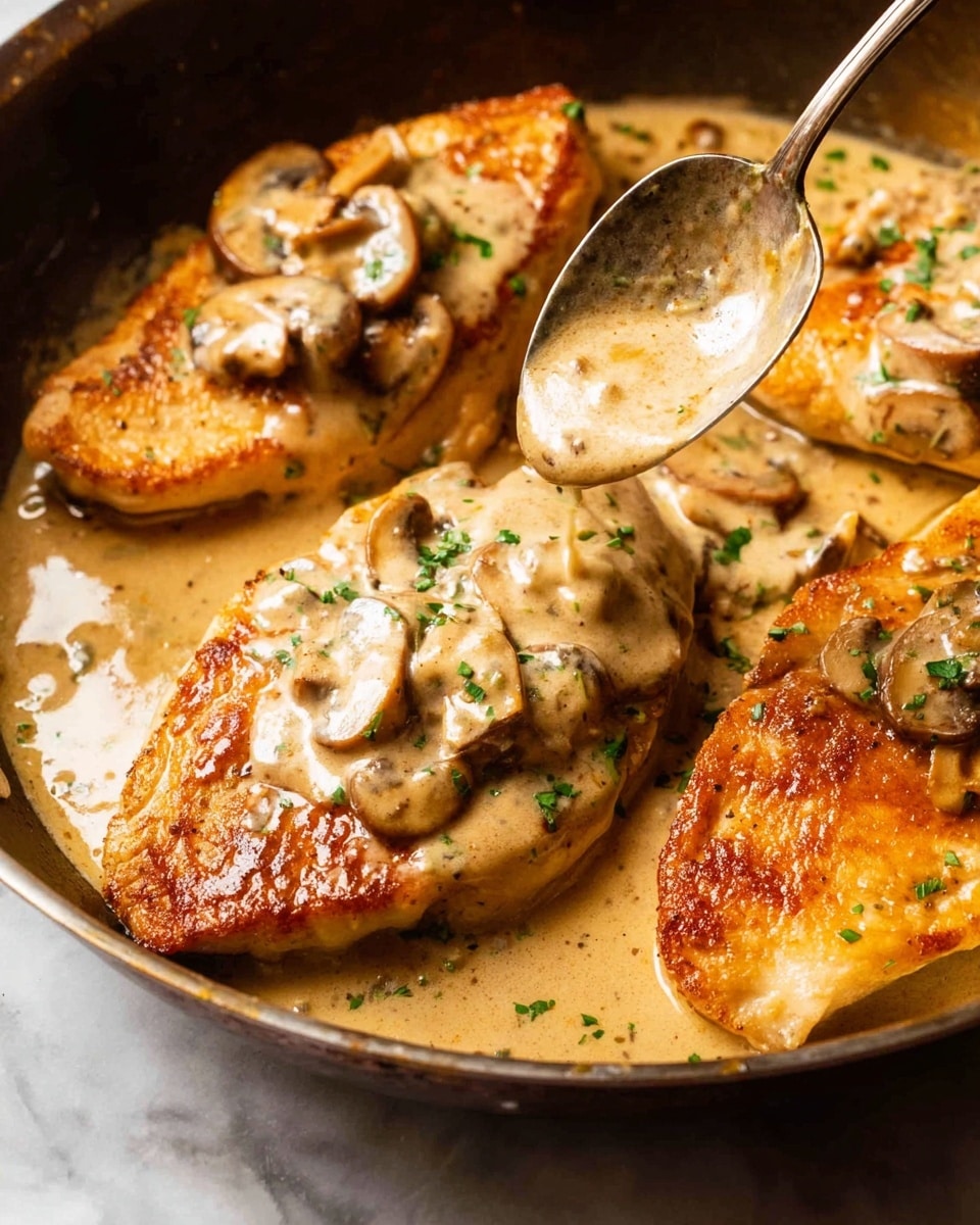 The image shows three pieces of golden-brown chicken breasts cooking in a pan over a white marbled surface. A woman's hand is holding a spoon pouring creamy mushroom sauce over the chicken in the front. The sauce is light beige, thick, and has small mushroom pieces with green herbs sprinkled on top of the chicken. The chicken's texture appears crispy on the outside, and the pan creates a warm, inviting look with rich, neutral tones. Photo taken with an iphone --ar 4:5 --v 7