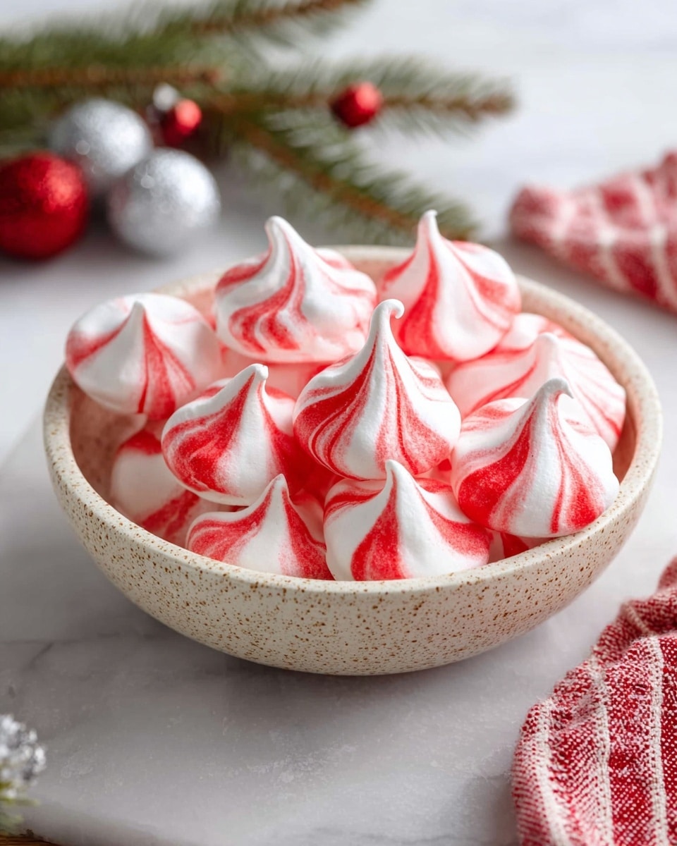The image shows a round, shallow white speckled bowl full of small meringue cookies that have a swirl pattern of white and bright red. Each meringue has a glossy surface with a soft, peak shape at the top, and the red swirls look like paint strokes across the white base. The bowl sits on a smooth white marbled surface with some red, silver, and small pine branch decorations blurred softly in the background. A red and white striped cloth is partly in the frame on the right side. Photo taken with an iphone --ar 4:5 --v 7