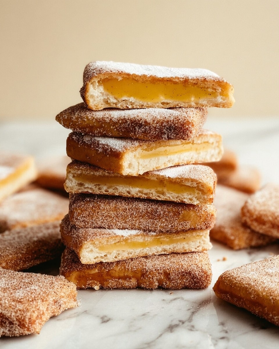 A stack of eight rectangular pastries is shown, each with a thin, white powdered sugar layer on the bottom and a thick golden yellow filling on top; the pastries have a light brown, cinnamon-sugar coated crust giving a rough texture, and the top two pieces are cut in half to reveal the smooth filling inside. The stack sits on a white marbled surface surrounded by more of the same pastries, some laid flat and some partially cropped in the frame. The lighting is soft and warm, highlighting the sugar and cinnamon texture on the crust. Photo taken with an iphone --ar 4:5 --v 7