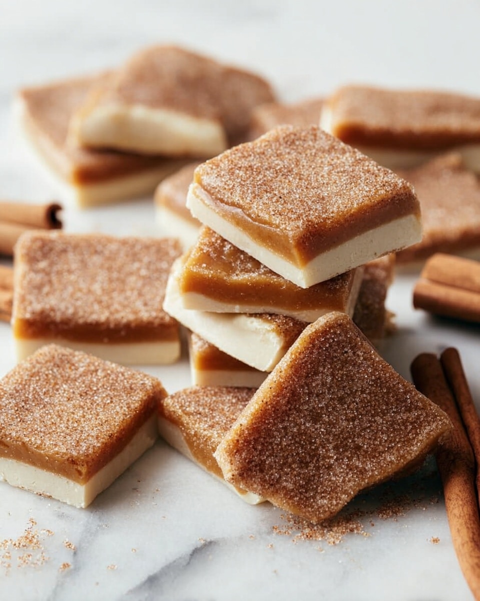 A stack of square-shaped treats is shown on a white marbled surface; each treat has two layers—a smooth, white base layer and a thick, caramel-colored middle layer, topped with a brown, granulated coating dusted evenly across the surface. Some pieces are broken to reveal the cross-section of the three layers. The treats have a slightly rough texture due to the coating, and cinnamon sticks lie nearby on the surface, adding a warm color contrast. The photo taken with an iphone --ar 4:5 --v 7