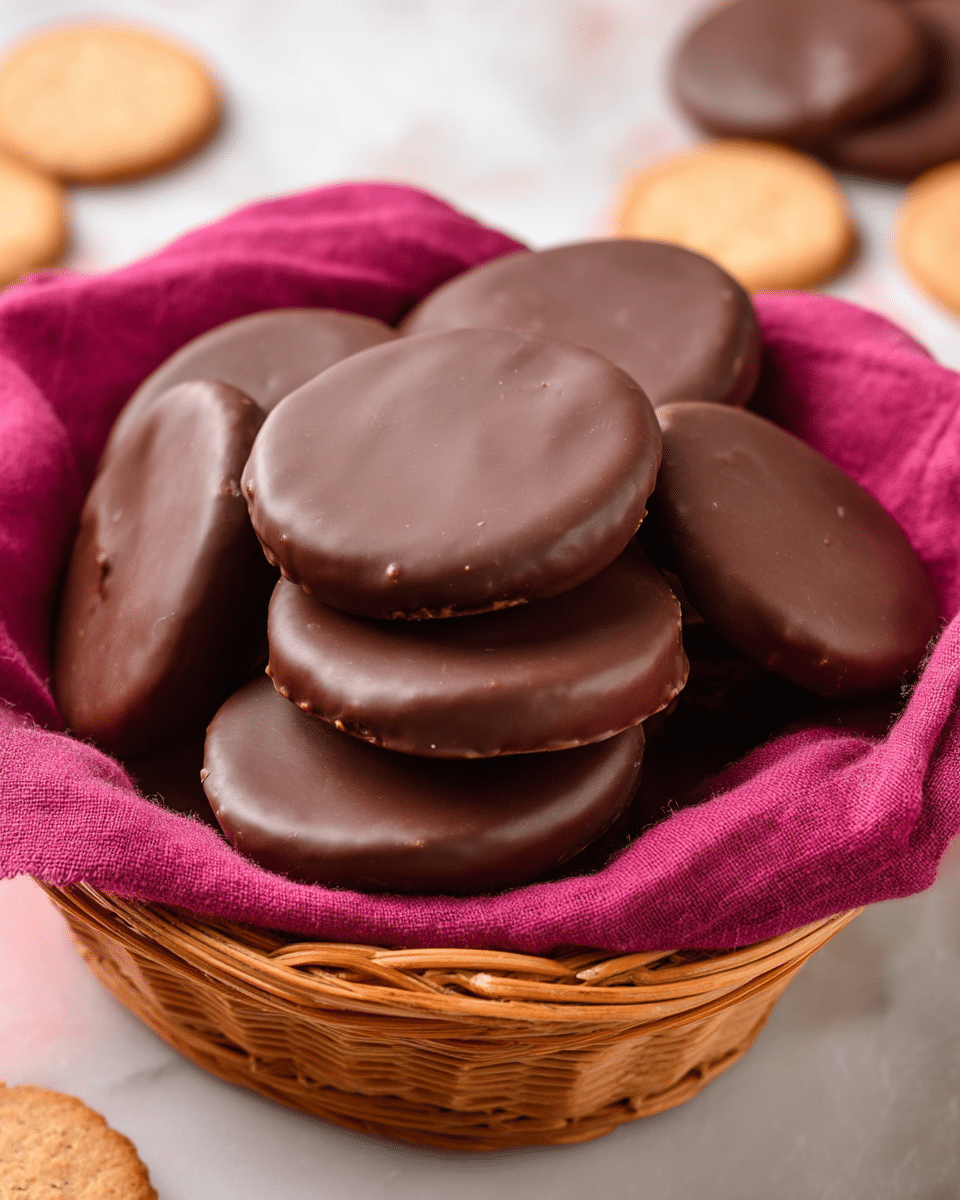 A wicker basket lined with a deep pink cloth holds a pile of smooth, round chocolate-covered treats, each with a shiny, dark brown surface and slightly thick edges, stacked closely together in two to three layers. The background features a white marbled texture with some blurred cookie pieces visible behind the basket, adding a soft contrast to the rich color of the chocolates. photo taken with an iphone --ar 4:5 --v 7