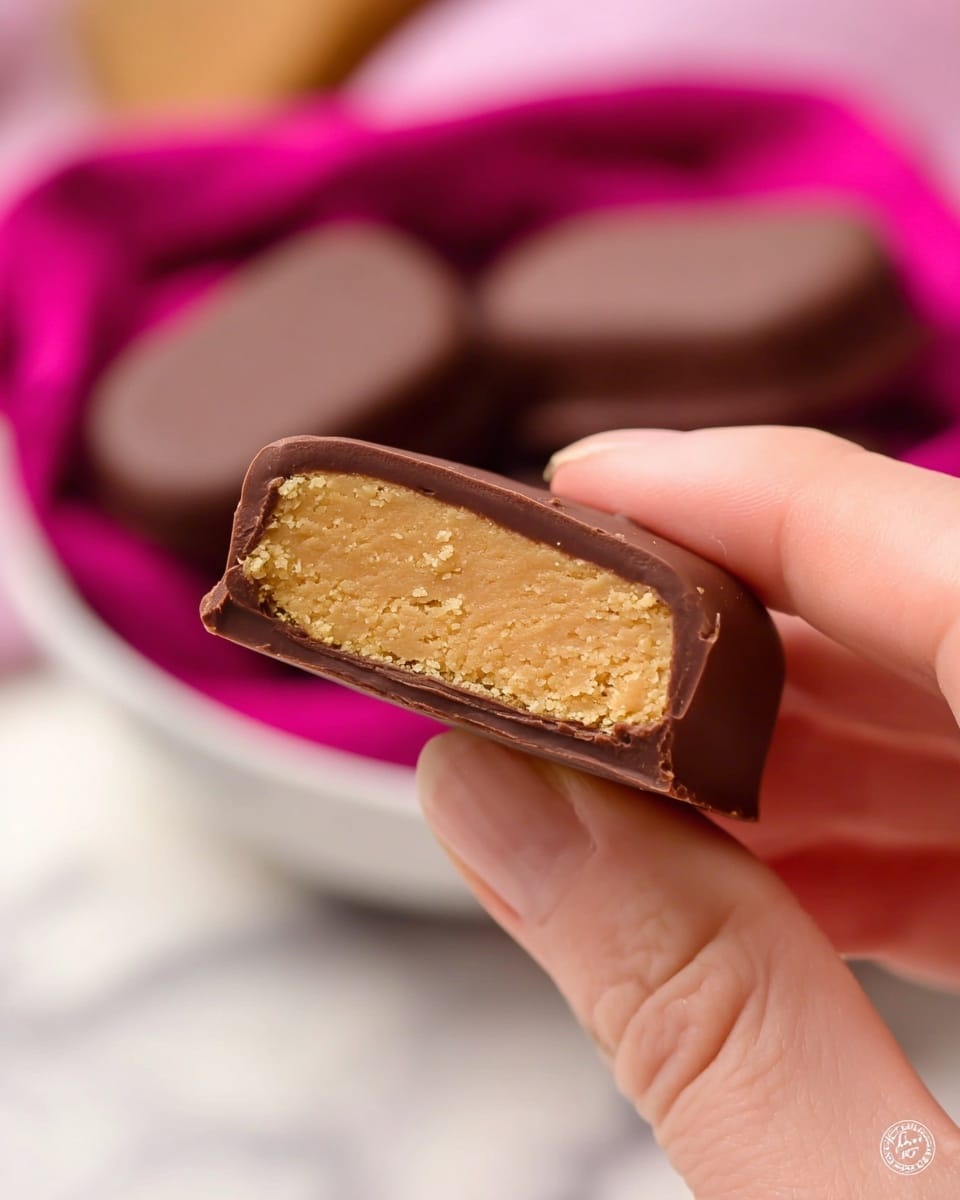 A woman's hand holds a rectangular chocolate candy with one side bitten to show the inside. The candy has two layers: a smooth, dark brown chocolate outer layer and a thick, dense, light beige filling inside with a slightly crumbly texture. In the blurred background, more chocolate candies sit in a white bowl lined with a bright pink cloth. The entire scene is set against a white marbled surface. photo taken with an iphone --ar 4:5 --v 7