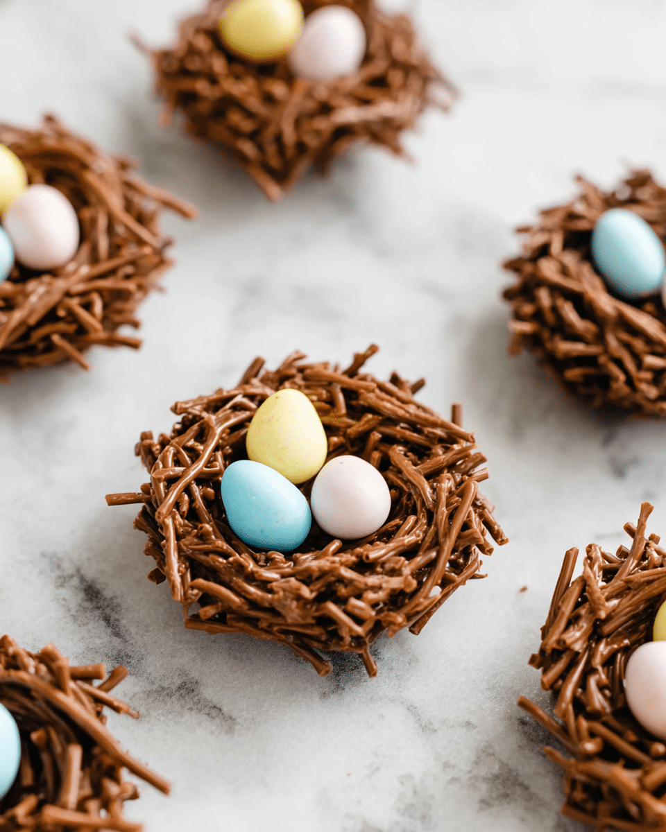 The image shows several small chocolate nests placed on a white marbled surface. Each nest is made of thin cocoa-covered sticks intertwined to form a round, textured base that looks crunchy and shiny. On top of each nest, there are three small pastel-colored candy eggs in soft blue, pale pink, light yellow, and white, adding a smooth and matte contrast to the rough chocolate layer. The candies are arranged close together, centered on each nest. The whole setup is bright with soft light, giving the nests a slightly glossy and appealing look. photo taken with an iphone --ar 4:5 --v 7