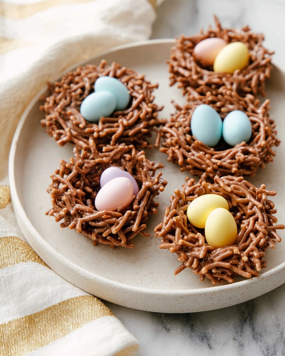 The image shows five small nests made from brown chocolate-covered chow mein noodles, each nest shaped in a round cluster with a rough and crunchy texture. On top of each nest are three small pastel-colored candy eggs in soft yellow, light blue, and pale pink, with a smooth matte finish. The nests are arranged on a round white plate placed on a white marbled surface. A white cloth with a gold striped pattern is partially visible on the left side of the image. The photo taken with an iphone --ar 4:5 --v 7