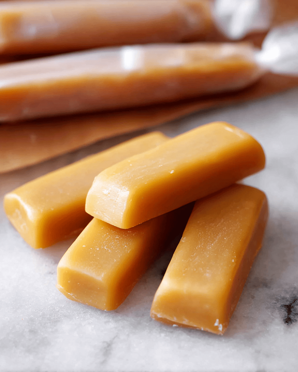 The image shows three pieces of smooth, rectangular caramel candy placed closely together on a white marbled textured surface. Each piece has a shiny, light golden brown color with slightly rounded edges and subtle surface texture variations that give a soft, creamy look. In the background, there are blurred caramel sticks wrapped in translucent wax paper revealing their light brown color, adding depth to the scene. photo taken with an iphone --ar 4:5 --v 7
