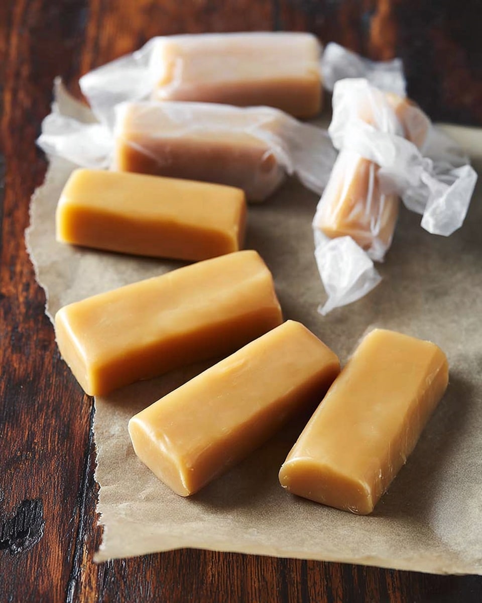 The image shows six pieces of soft caramel candy, shaped like thick rectangular bars. Three bars lie flat on a piece of crinkled parchment paper on a dark brown wooden surface, with a smooth, glossy light brown color and slightly rounded edges. Behind them, three more caramel pieces are individually wrapped in translucent white wax paper twisted at both ends, slightly translucent so the caramel inside shows through. The candies have a soft and shiny texture, and the overall scene creates a cozy, homemade feel. Photo taken with an iphone --ar 4:5 --v 7