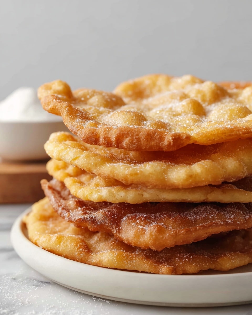 The image shows a stack of five thin, round, golden-brown fried flatbreads with bubbly and crispy textures, each layer slightly uneven and puffed in places. The flatbreads have a light dusting of sugar, adding a subtle sparkle on their surface. They are placed on a white plate with a matte finish, sitting on a white marbled textured surface. In the background, there is a small white bowl with some white powder inside, slightly out of focus. The focus is close-up, highlighting the crunchy details and the varying shades of golden color on the flatbreads. Photo taken with an iphone --ar 4:5 --v 7