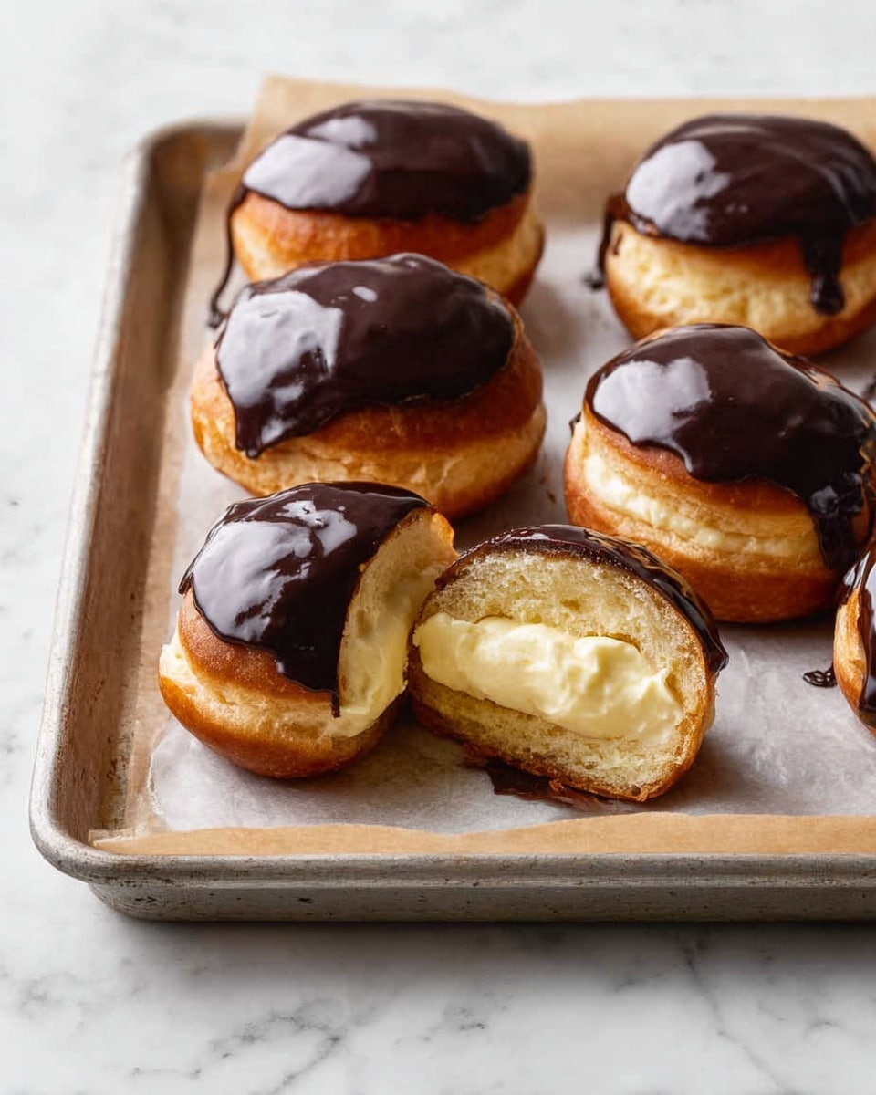 The image shows six round cream-filled pastries on a metal baking tray with a parchment paper lining, placed on a white marbled surface. Each pastry has two layers: a light golden brown dough base and a smooth dark chocolate glaze on top. One pastry is cut in half, revealing a thick, smooth, pale yellow cream filling inside. The chocolate glaze is glossy and slightly drips over the sides. Photo taken with an iphone --ar 4:5 --v 7