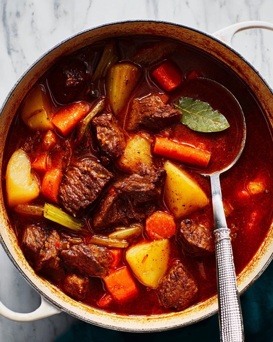 The image shows a white cooking pot filled with a rich beef stew. Inside, there are multiple chunks of browned beef, bright orange carrot pieces, pale yellow potato chunks, and light green celery sticks, all immersed in a dark red, thick sauce. A bay leaf floats near the center. A large metal spoon with a textured handle rests inside the pot on the right side. The background is a white marbled texture. photo taken with an iphone --ar 4:5 --v 7