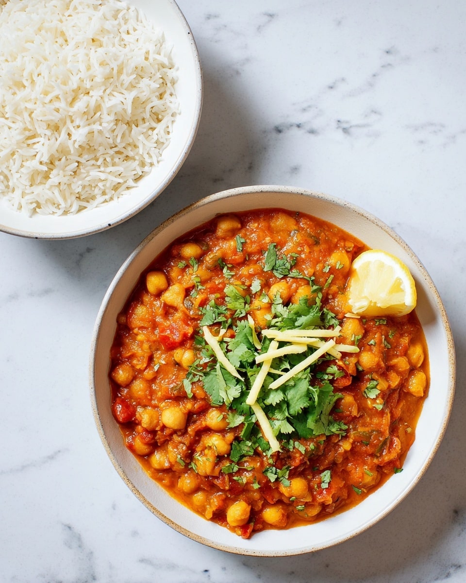 A white shallow bowl filled with a thick, orange-red chickpea stew that has a chunky texture with visible chickpeas and pieces of cooked tomato, topped with a sprinkle of fresh green cilantro leaves and thin, pale yellow strips of ginger in the center, along with a lemon wedge placed on the rim at the upper right side. Next to it, there is a white bowl filled with fluffy, white cooked rice grains, all set on a white marbled surface. photo taken with an iphone --ar 4:5 --v 7