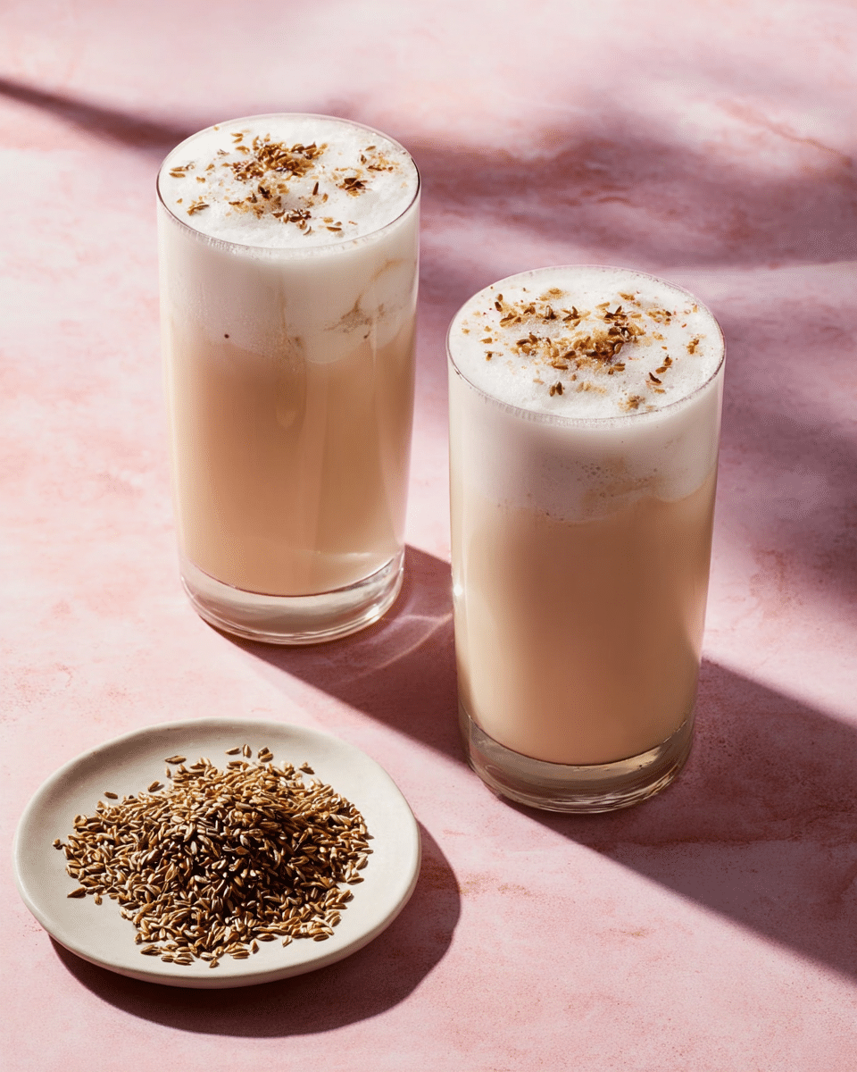 The image shows two clear tall glasses filled with a light beige creamy drink topped with a thick layer of white foam sprinkled with small brown seeds. The drink layers are smoothly blended with tiny bits visible in the foam. To the front right side, there is a white plate holding a small pile of the same brown seeds, placed on a soft pink surface that now should be imagined as a white marbled texture. The shadows of the glasses and plate stretch towards the right side, creating depth and light contrast. photo taken with an iphone --ar 4:5 --v 7