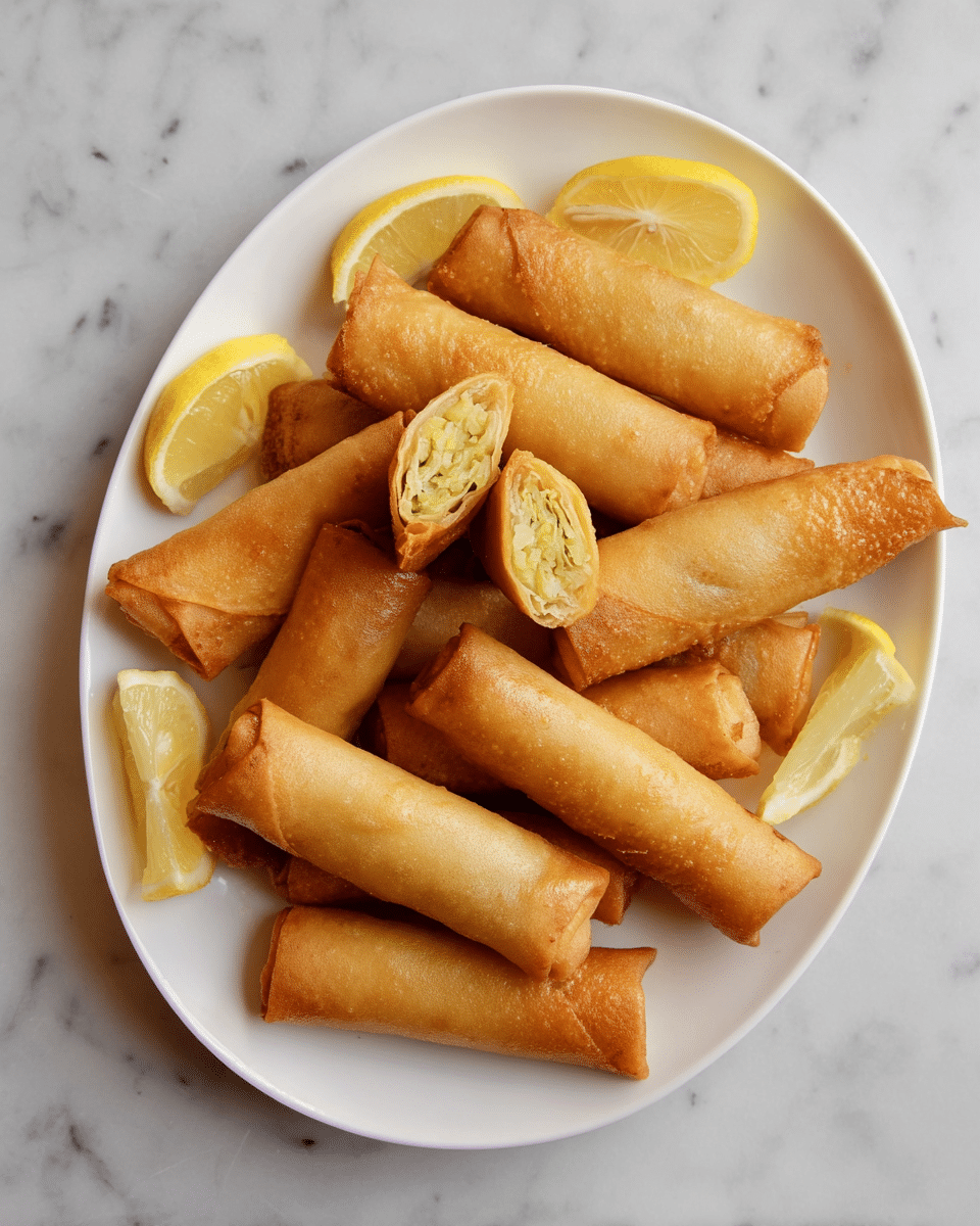 A white oval plate holds eleven golden-brown, crispy spring rolls arranged in a loose pile. Two spring rolls are cut in half in the center, showing a soft, light yellow-green filling inside with a slightly flaky texture. Around the edges of the plate, there are four lemon wedges with bright yellow skin and juicy pale yellow flesh. The plate rests on a white marbled surface. photo taken with an iphone --ar 4:5 --v 7