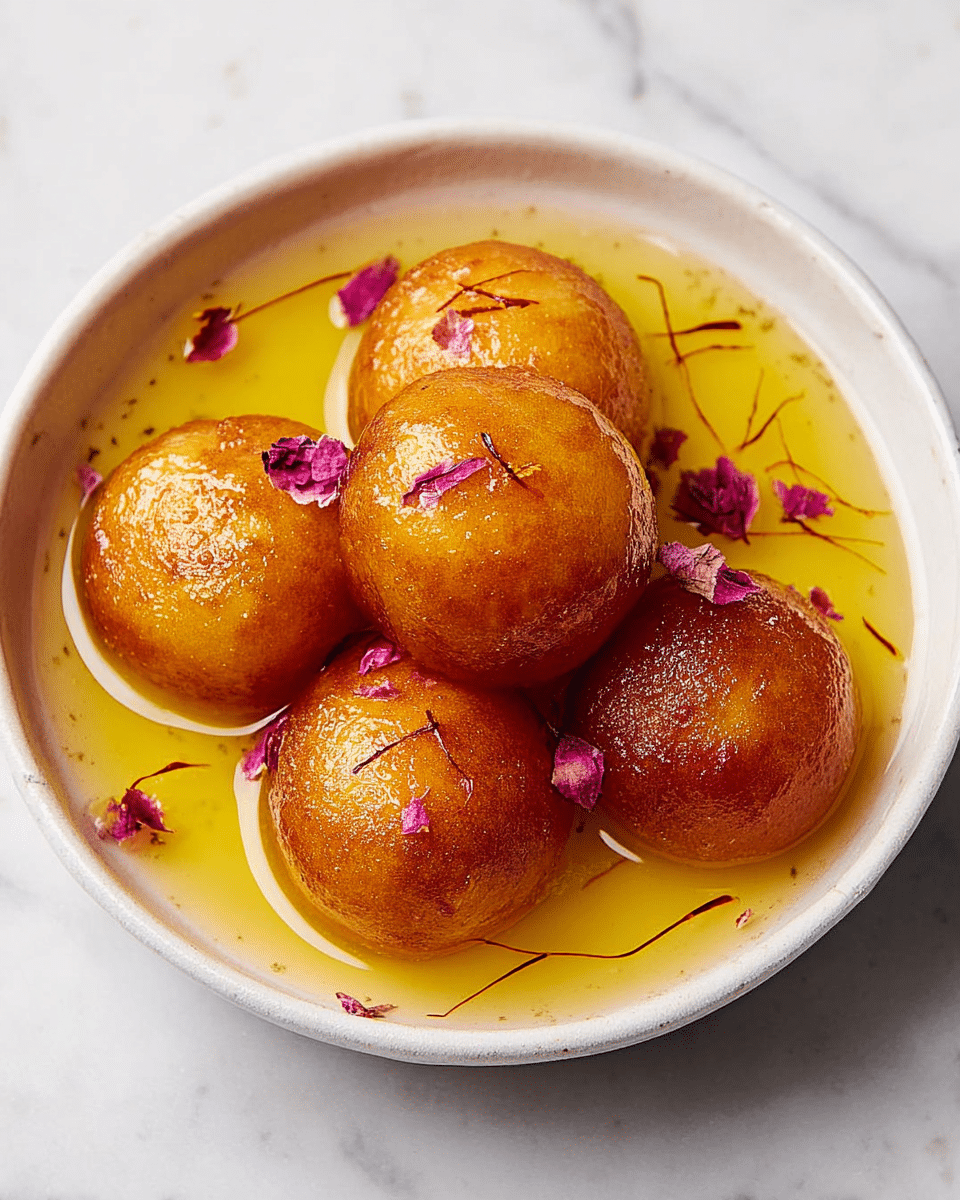 The image shows a white bowl filled with five round golden-brown fried dough balls, each with a shiny surface that looks soaked in bright yellow syrup. The dough balls are clustered closely together, sitting in the syrup that pools at the bottom of the bowl. Scattered on top and around the dough balls are small, delicate pink rose petals and thin dark saffron strands, adding a pop of color and a decorative touch. The bowl sits on a white marbled surface, creating a clean and simple background. photo taken with an iphone --ar 4:5 --v 7