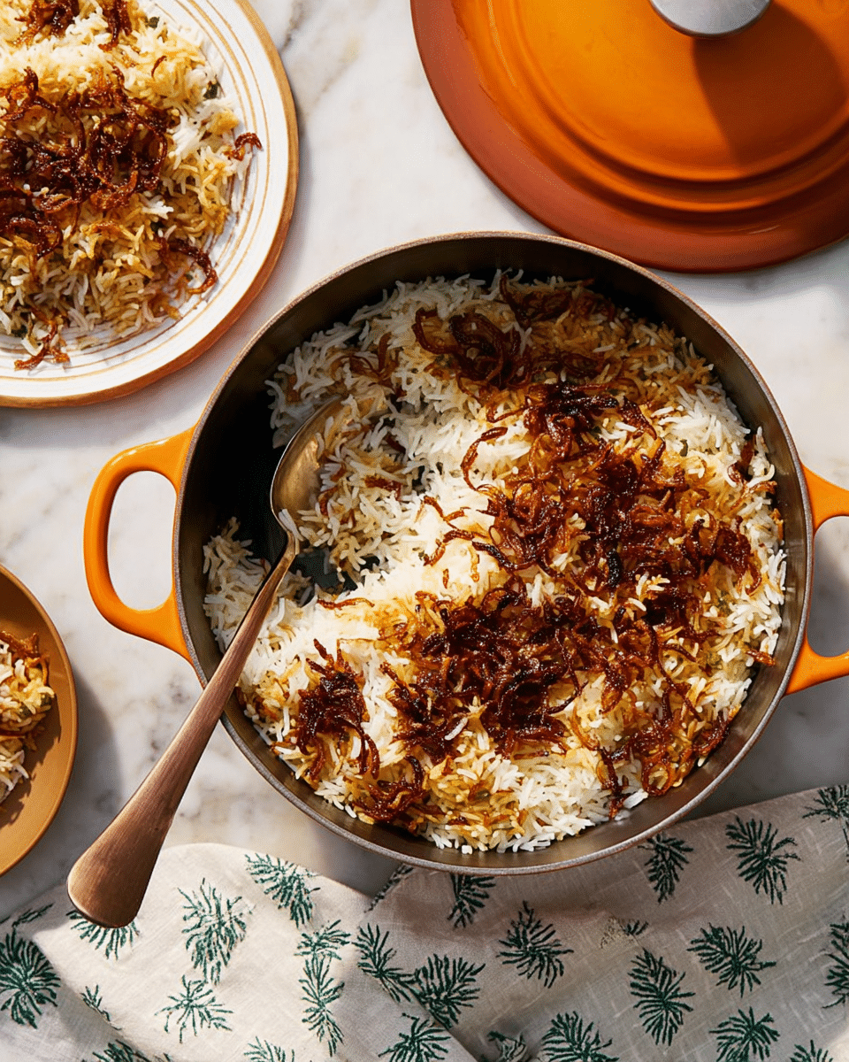A round black pot filled with layers of white and golden brown basmati rice, topped with crispy, dark brown fried onions scattered unevenly over the surface. A silver spoon rests inside the pot, partially scooping the rice. To the top left, a white plate holds a portion of rice with crispy fried onions, showing a mix of white and golden crispy pieces. The scene is set on a white marbled texture with an orange lid and a white cloth with green leaf patterns beside the pot, showing a warm, inviting meal. photo taken with an iphone --ar 4:5 --v 7