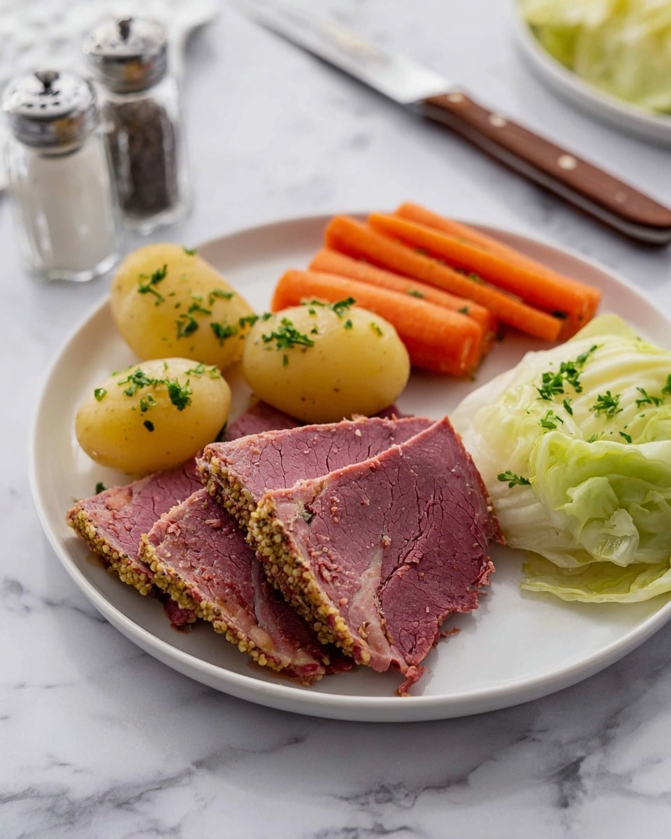 The dish on a white plate shows two thick slices of pink corned beef with visible mustard seeds and herbs on the edges, placed at the front left. Behind the meat, there are two peeled yellow potatoes with small green herb pieces on top, positioned side by side. To the right of the potatoes, several carrot sticks with a bright orange color stand upright. On the far right, a small pile of pale green cabbage leaves appears soft and slightly translucent, sprinkled with tiny green herbs. The plate rests on a white marbled surface, with a knife with a wooden handle and some salt and pepper shakers placed nearby. photo taken with an iphone --ar 4:5 --v 7