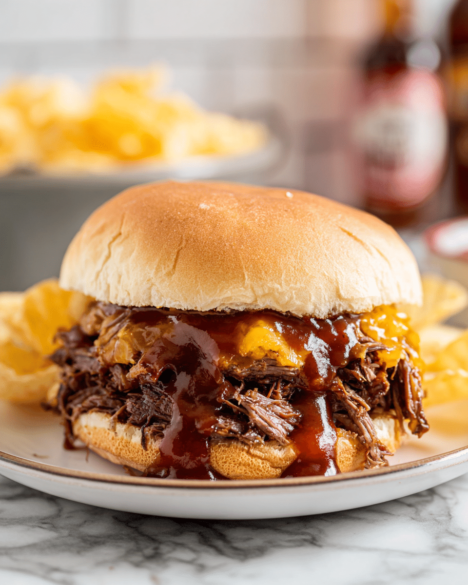 A close-up of a pulled beef sandwich on a soft, light brown bun, showing two main layers inside: a thick, dark brown pulled beef layer at the bottom with a rough texture, and melted golden yellow cheese on top, covered with a glossy, thick reddish-brown barbecue sauce dripping down the sides. The sandwich sits on a white plate with a simple edge, placed on a white marbled surface. In the blurred background, there are some golden yellow potato chips and out-of-focus bottles. photo taken with an iphone --ar 4:5 --v 7
