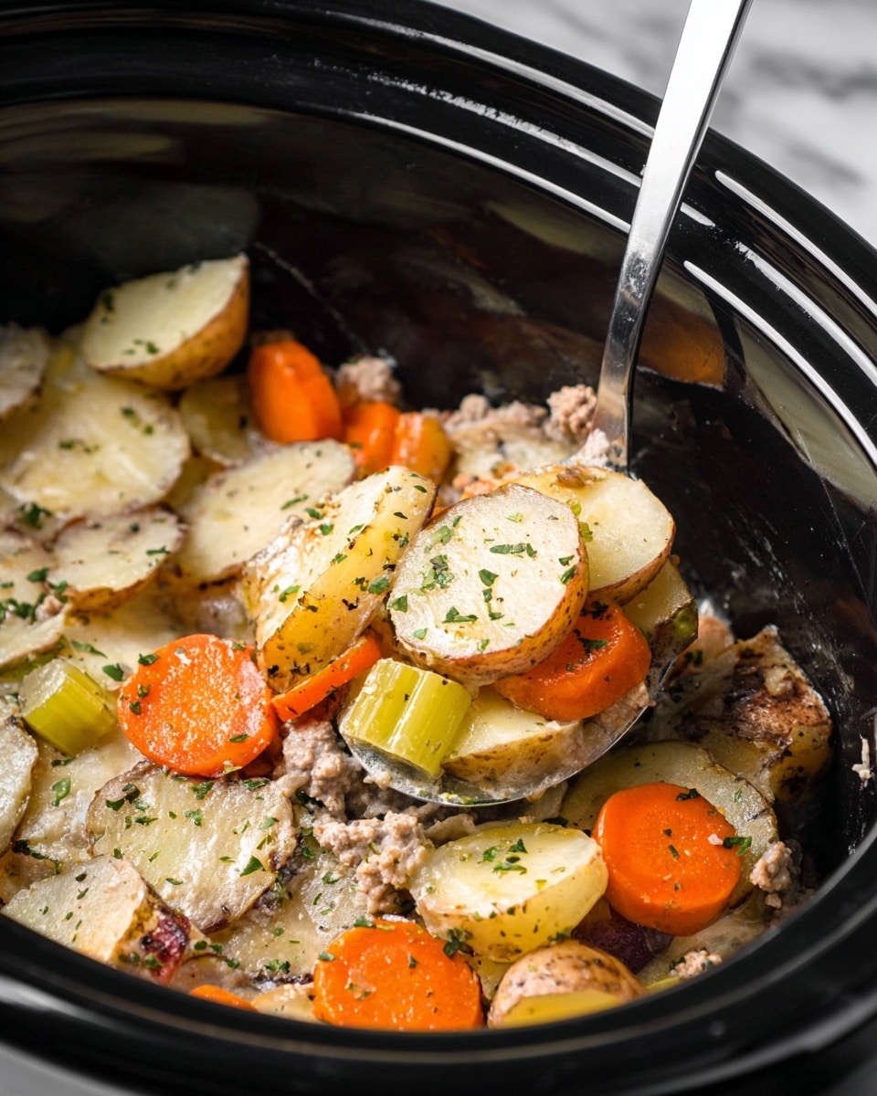 A close-up view of a black slow cooker filled with layers of cooked food: the top layer has light brown potato slices with a soft, creamy texture and some sprinkled green herbs. Beneath the potatoes, there are bright orange carrot slices with a slightly shiny look, and light green celery pieces that add contrast. Small bits of cooked ground meat with a crumbly texture and light brown color are scattered throughout. A silver spoon is partially submerged in the food, catching a mix of all these layers. The background is a white marbled texture. Photo taken with an iphone --ar 4:5 --v 7