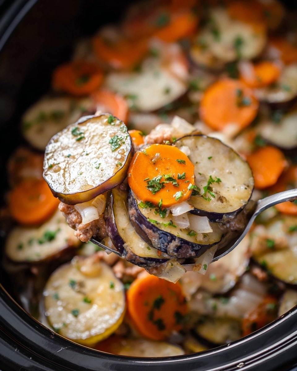 The dish shows a close-up of a spoon lifting a layered mixture from a black slow cooker. The layers include round slices of soft, light brown eggplant with a creamy texture and specks of chopped parsley on top, thin orange carrot slices, light translucent onion pieces, and bits of ground meat mixed with celery. The spoon is metal, and the background inside the slow cooker is full of the same layered vegetables and meat. Photo taken with an iphone --ar 4:5 --v 7