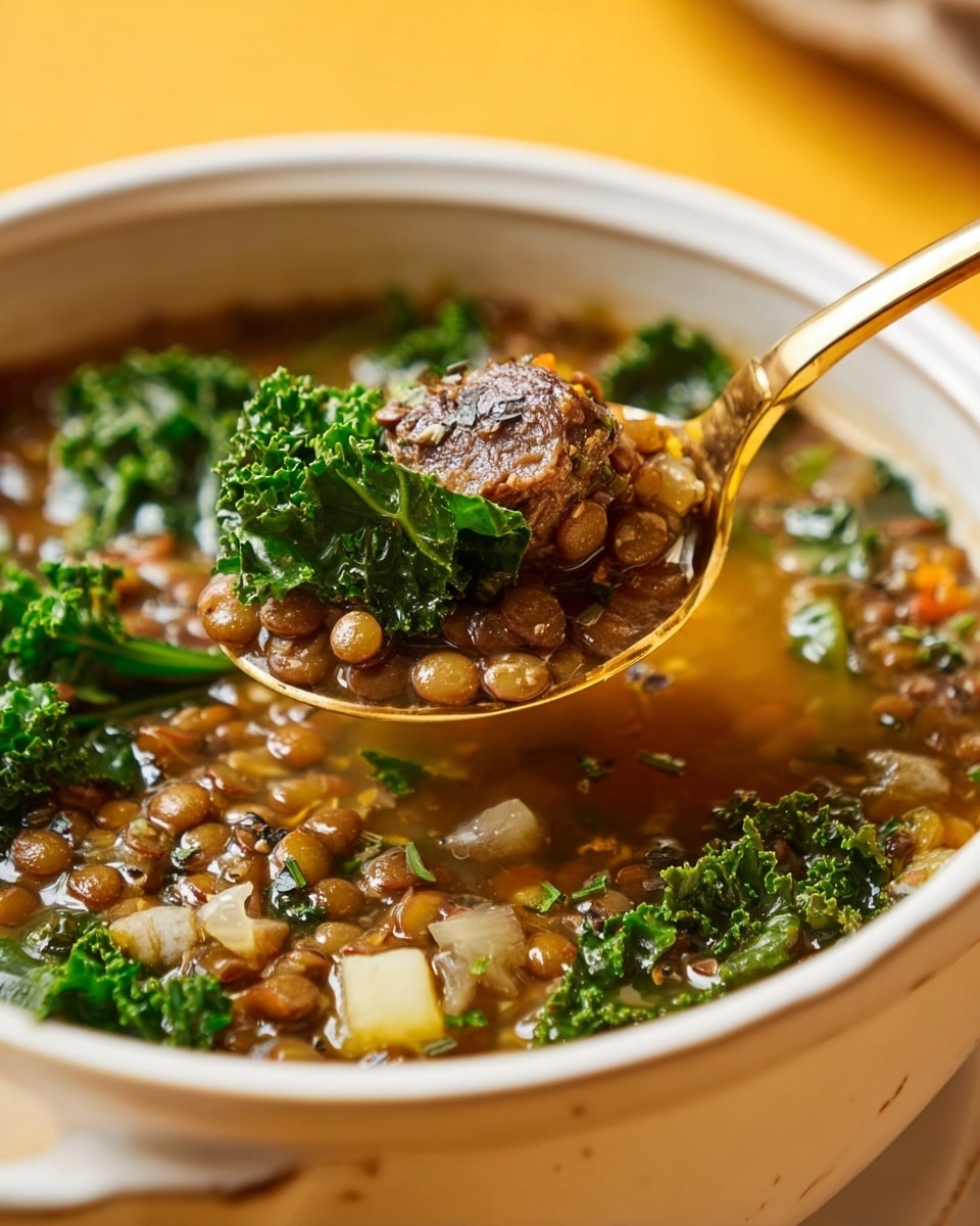 A close-up view of a white bowl filled with lentil soup, showing a golden spoon lifting a scoop of the soup; the soup has three main layers: a top layer of bright green kale leaves with a curly texture, a middle layer of plump brown lentils scattered throughout, and a visible chunk of dark brown meat in the center, surrounded by small pieces of light-colored celery and glossy brown broth. The edge of the bowl is slightly chipped, and the bowl is set against a warm yellow background. Photo taken with an iphone --ar 4:5 --v 7