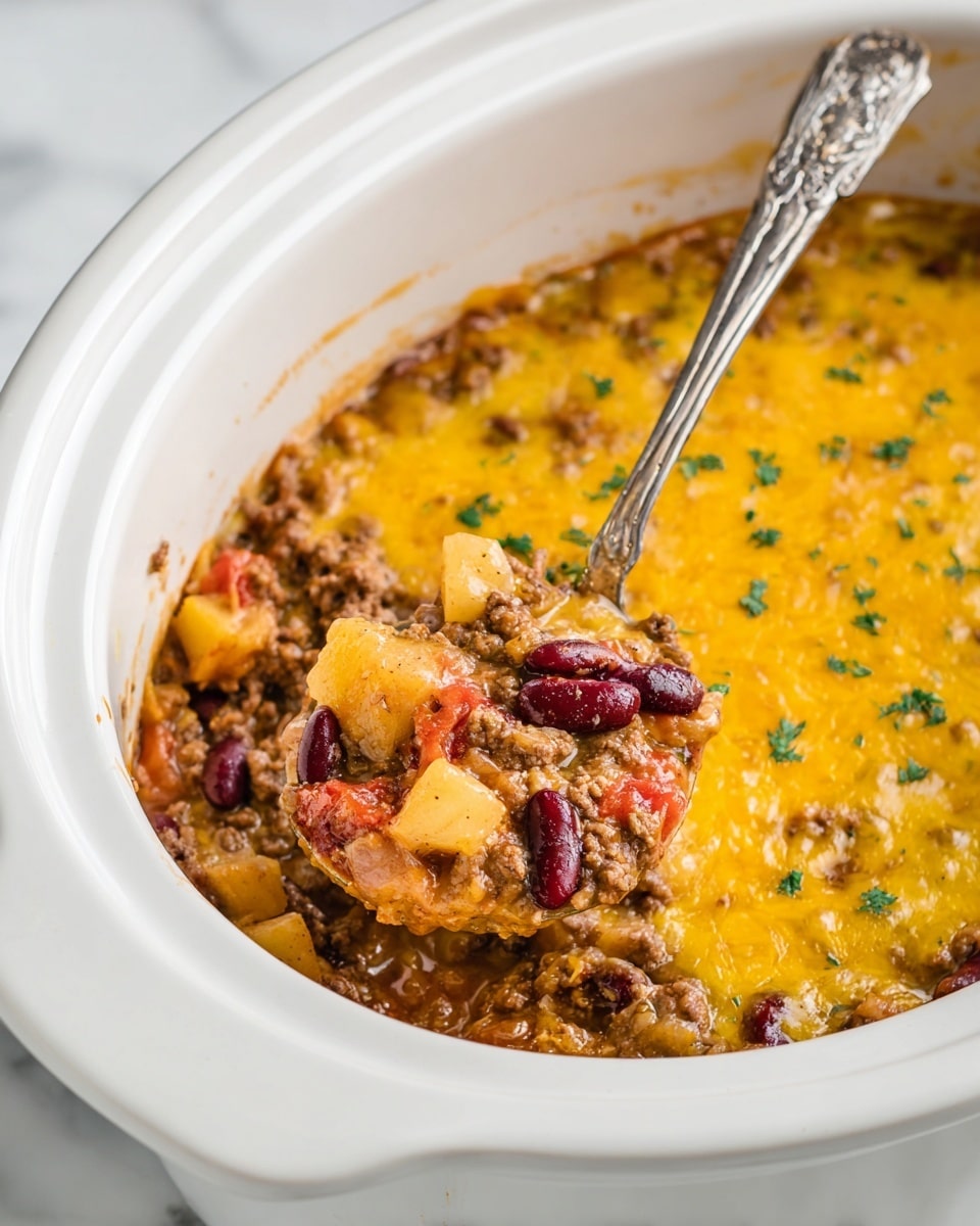 A close-up of a white slow cooker filled with a cheesy casserole that has a golden-yellow melted cheese layer on top with small green herb sprinkles. Underneath the cheese, there are visible layers of cooked ground meat, red kidney beans, diced tomatoes, and chunky beige potato pieces. A detailed silver spoon is scooping some of the casserole, showing the thick, mixed texture of the meat, beans, potatoes, and cheese inside the cooker. The slow cooker sits on a white marbled surface. photo taken with an iphone --ar 4:5 --v 7