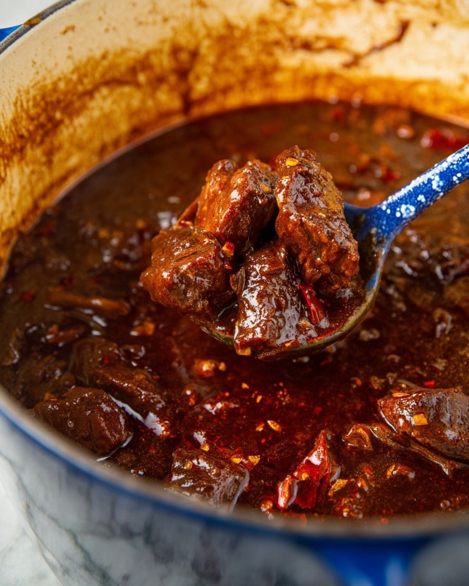 A close-up view of a thick, dark brown stew with chunks of tender meat coated in a rich, glossy sauce. The stew has a deep reddish-brown color with visible spices and small pieces of cooked ingredients throughout. A blue and white spoon lifts a few pieces of meat from the pot, showing the meat's soft texture and the sauce's sticky, shiny surface. The inside of the pot is rimmed with sauce residue. The background is a white marbled texture. photo taken with an iphone --ar 4:5 --v 7